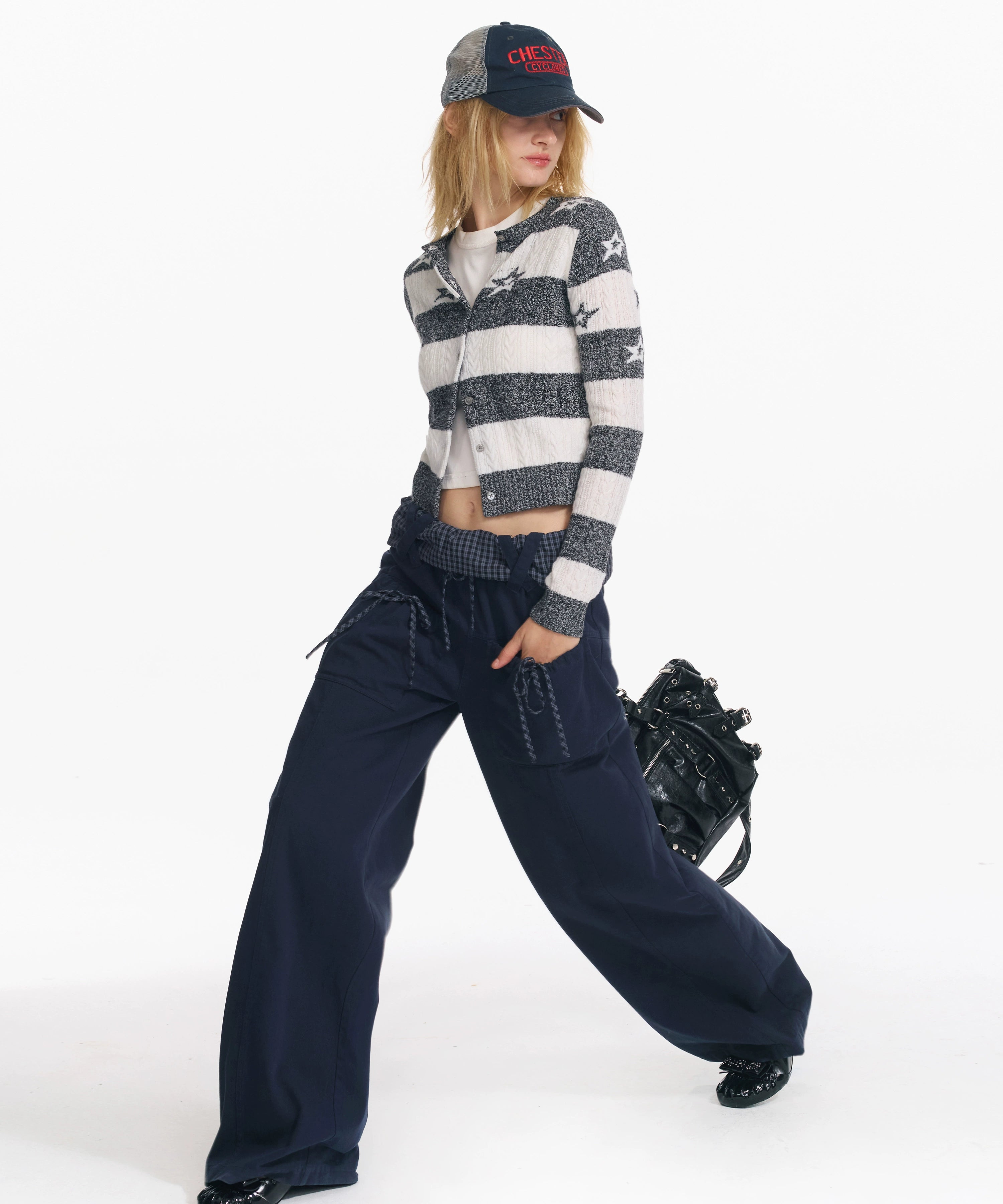 2th Desire星星绞花复古撞色条纹羊毛针织衫时尚休闲短款毛衣外套