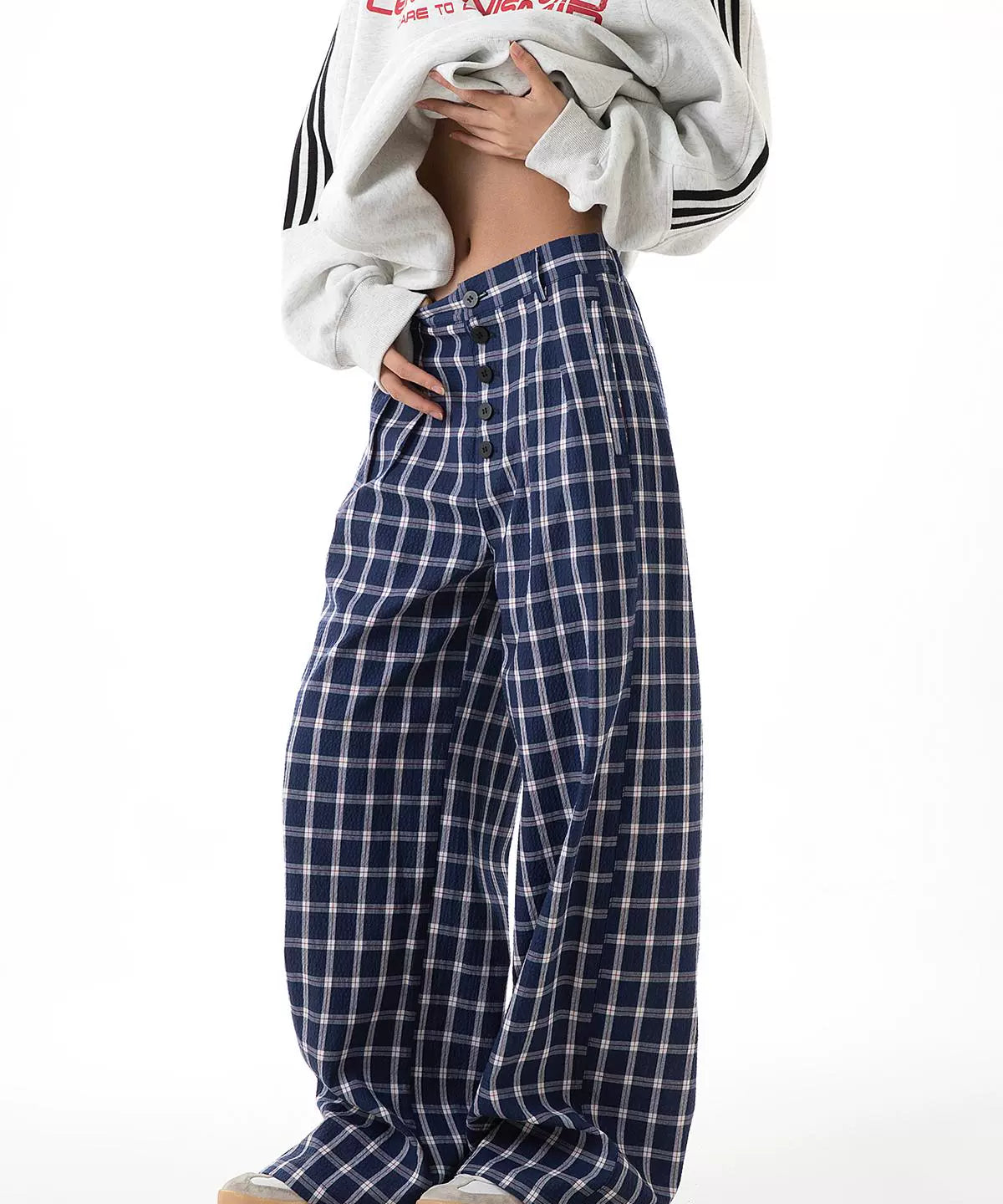 ICH MODE 美式复古格子裤女2025新款秋宽松阔腿裤直筒休闲裤子