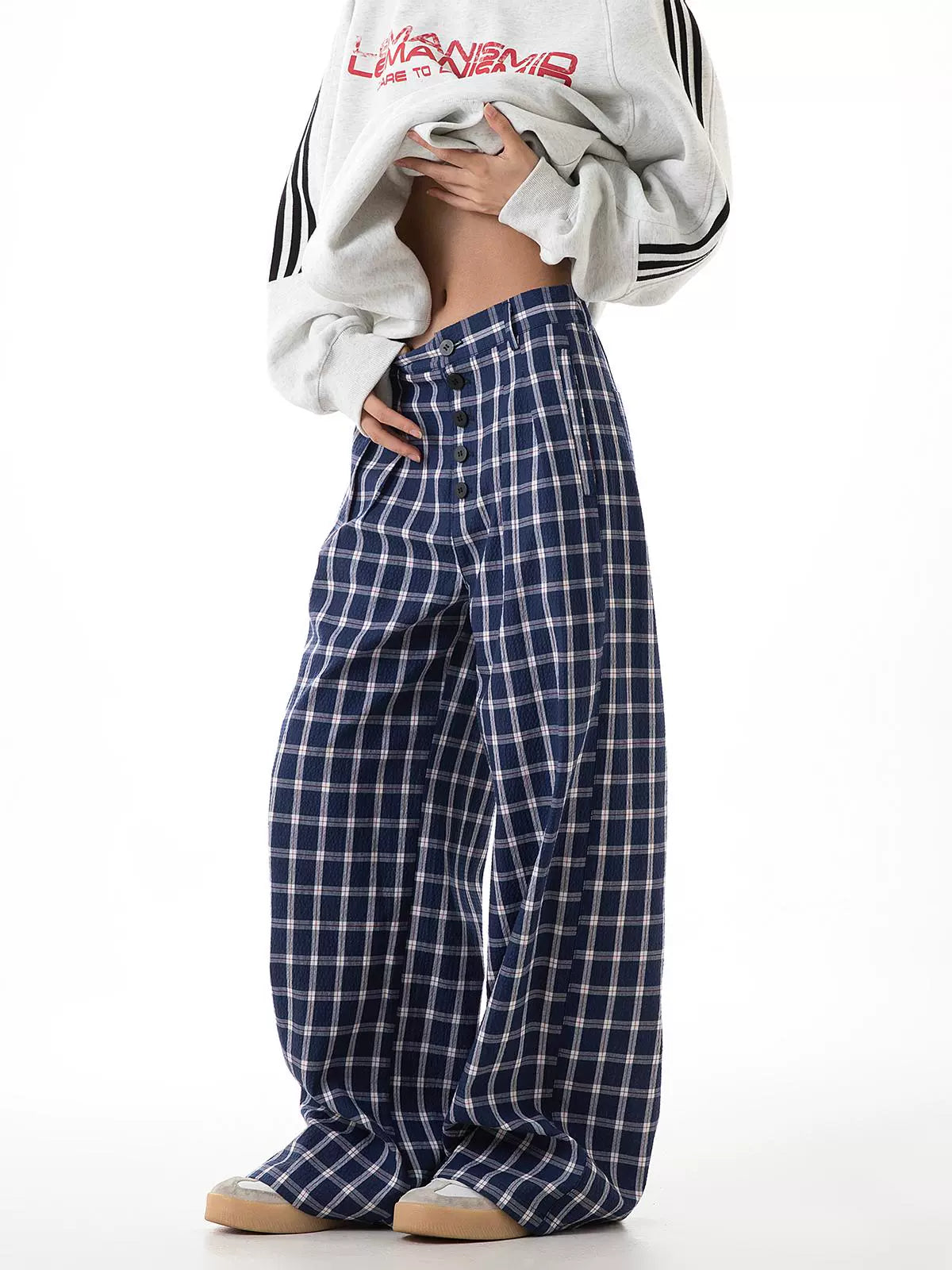 ICH MODE 美式复古格子裤女2025新款秋宽松阔腿裤直筒休闲裤子