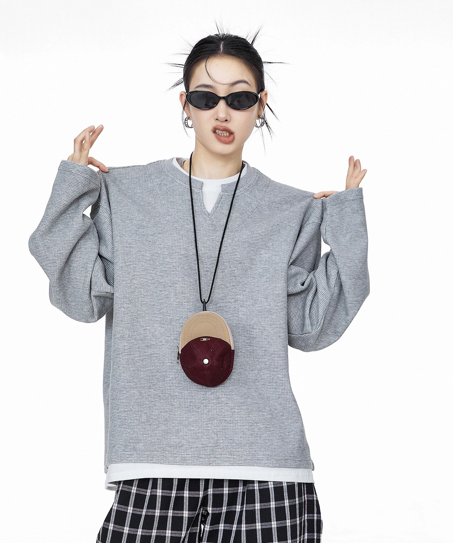 ICH MODE 美式复古假两件华夫格卫衣女秋冬宽松长袖休闲上衣外套