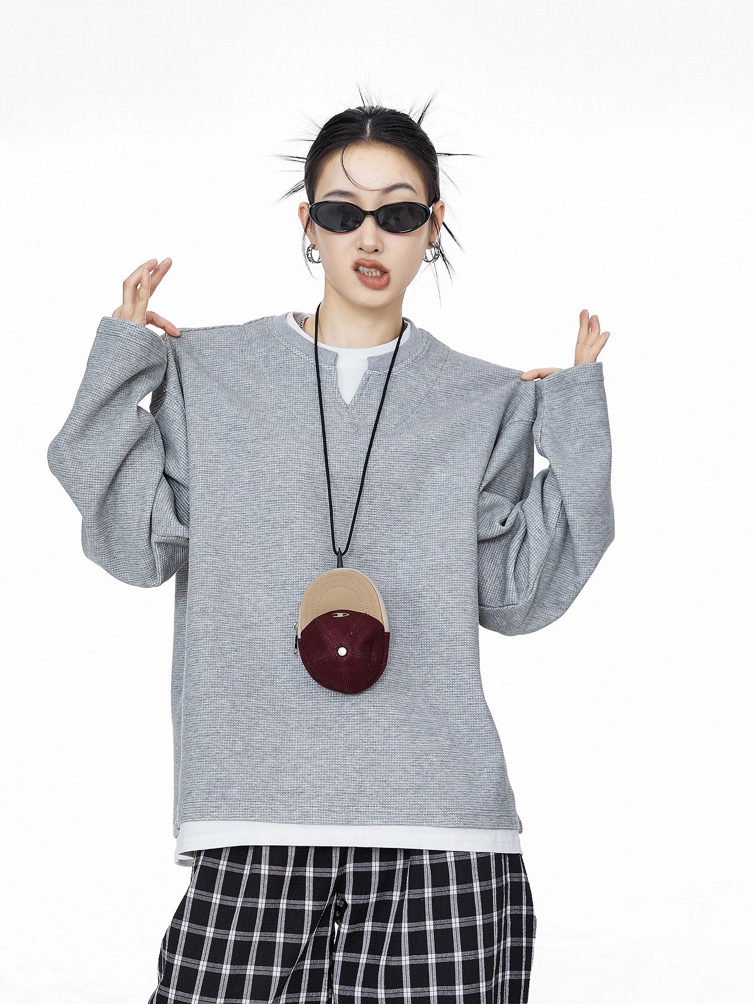 ICH MODE 美式复古假两件华夫格卫衣女秋冬宽松长袖休闲上衣外套