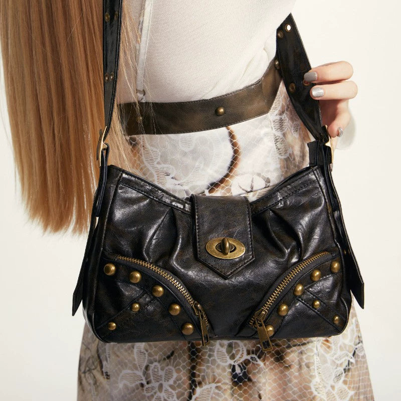 2th Desire原创辣妹黑色托特包棕色腋下包复古y2k包包皮包斜挎包