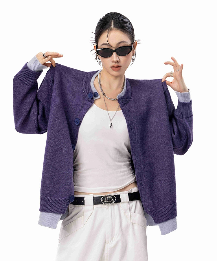 ICH MODE 美式假两件毛针织衫女2025年新款秋冬开衫毛衣长袖外套