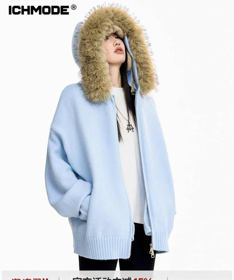 ICH MODE 美式复古毛领毛衣外套女秋冬宽松开衫连帽毛针织衫上衣