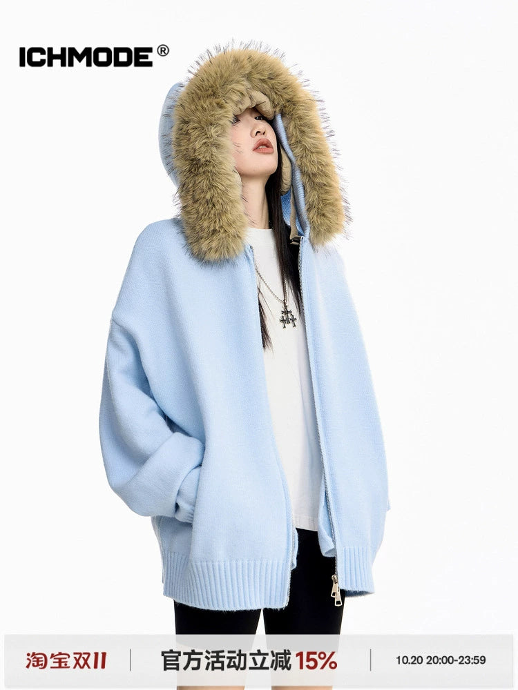 ICH MODE 美式复古毛领毛衣外套女秋冬宽松开衫连帽毛针织衫上衣