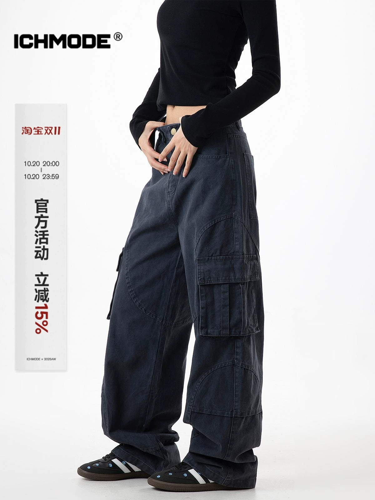 ICH MODE 美式复古口袋工装裤女宽松直筒阔腿运动休闲裤2025新款
