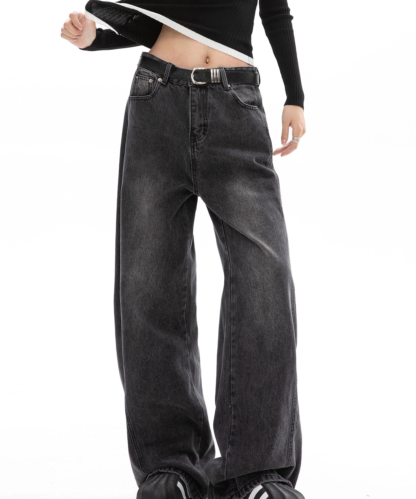 ICH MODE 美式复古水洗直筒牛仔裤女夏季阔腿弯刀裤百搭休闲长裤