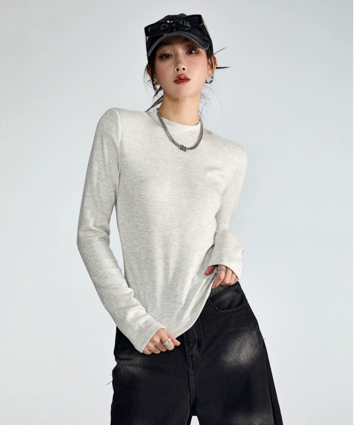 ICH MODE 美式复古修身长袖T恤女秋冬百搭宽松短款上衣纯色打底衫