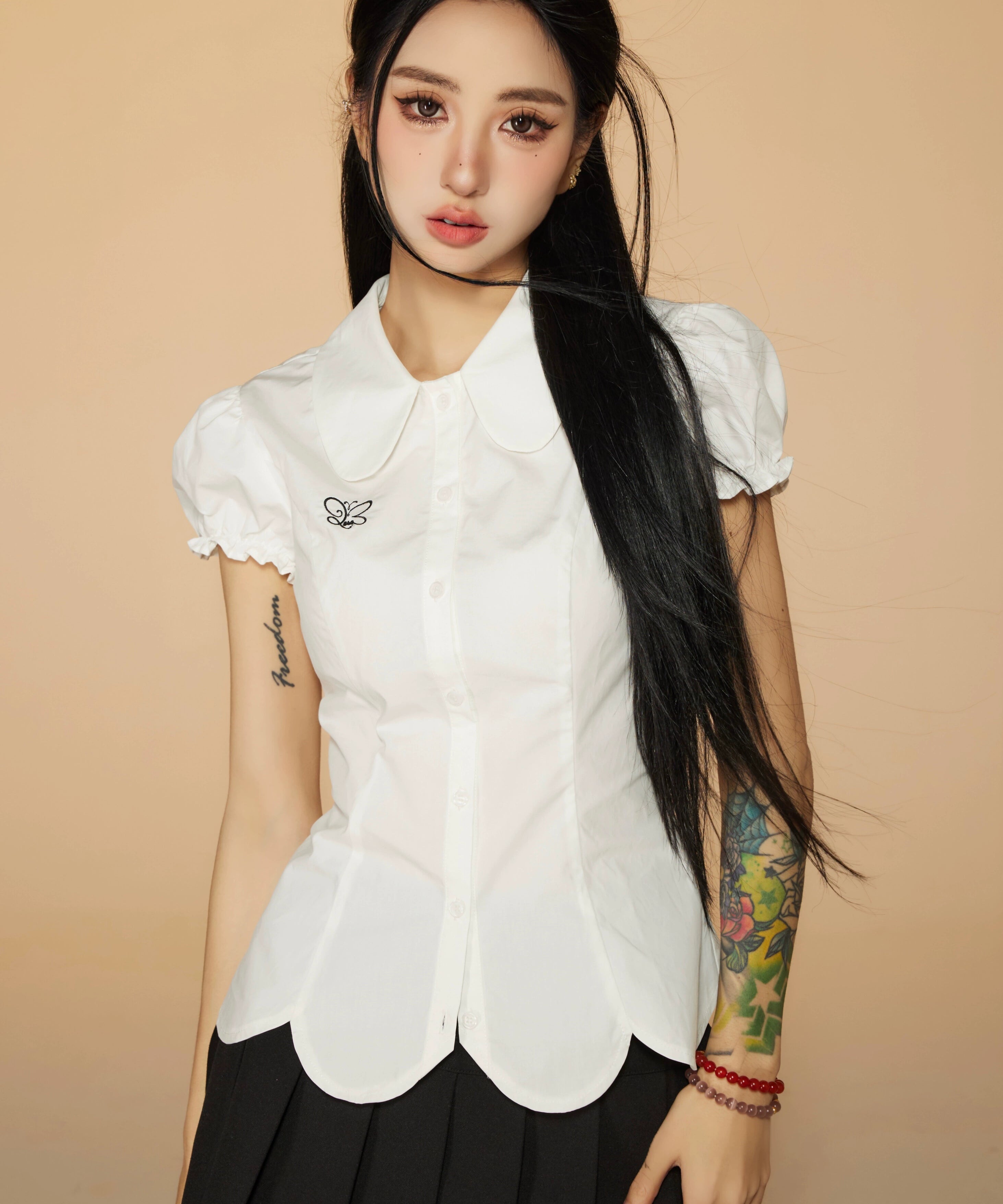 野生zerocircle白色娃娃领泡泡短袖衬衫女春韩系修身显瘦收腰上衣