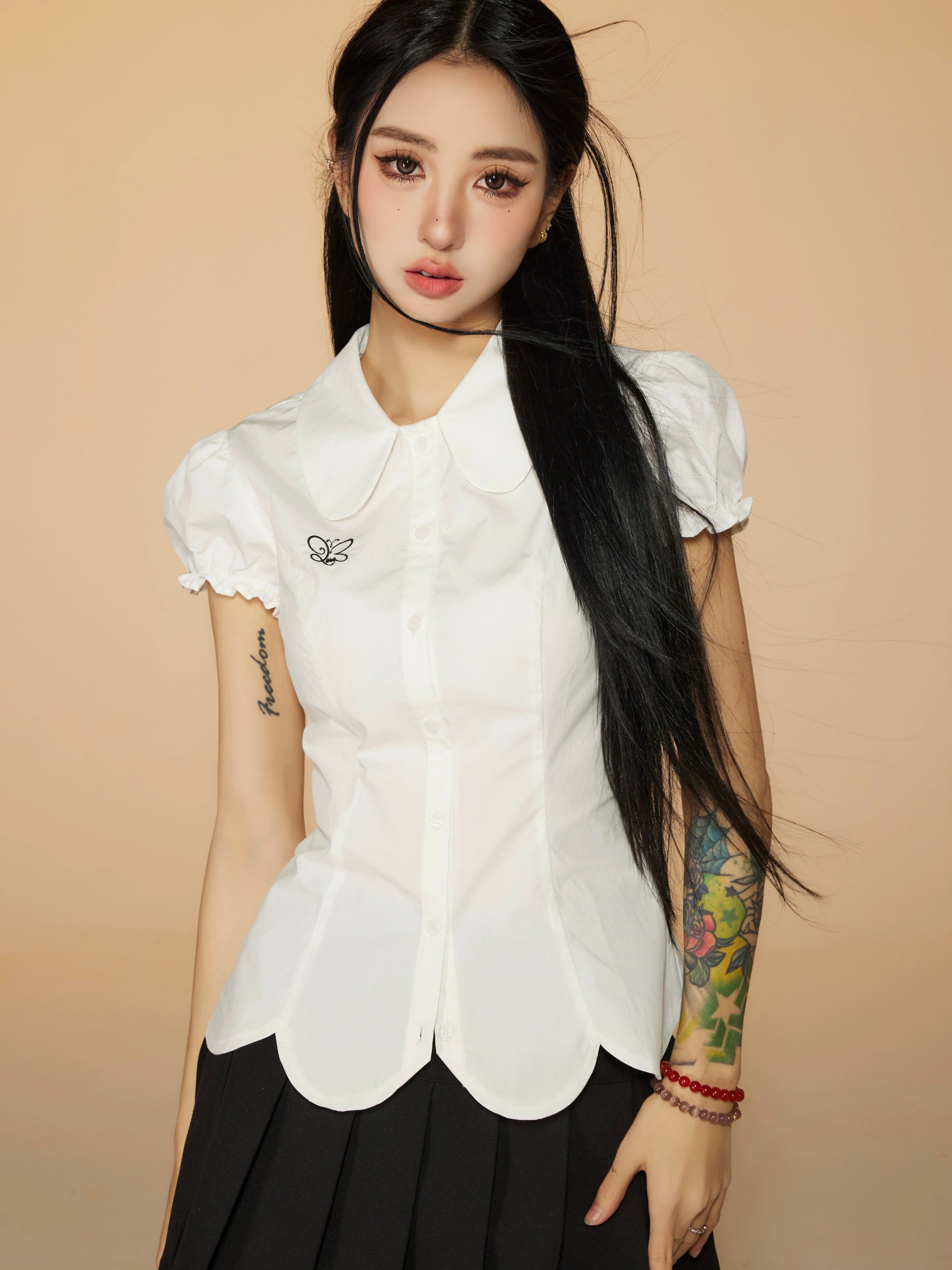 野生zerocircle白色娃娃领泡泡短袖衬衫女春韩系修身显瘦收腰上衣