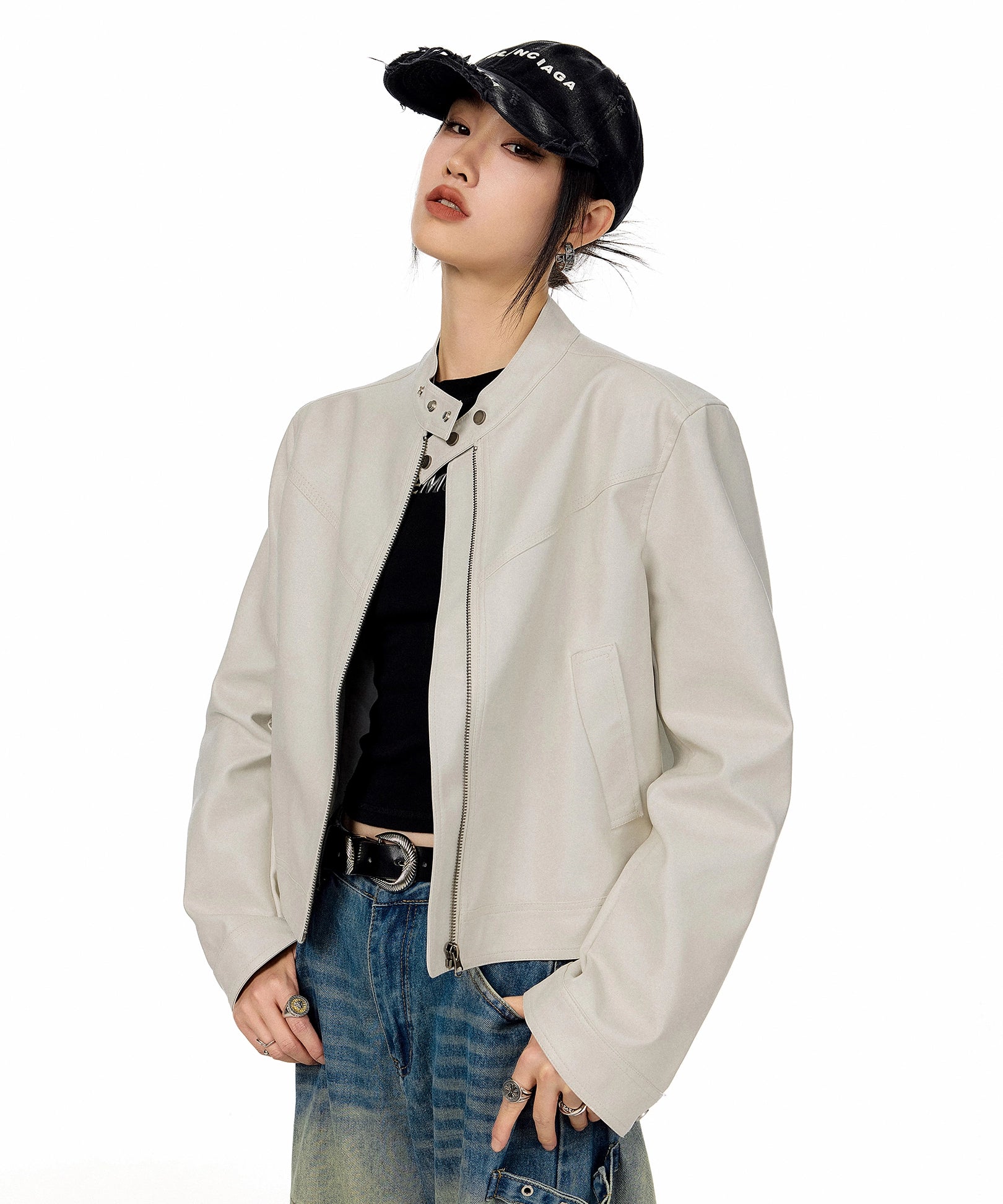 ICH MODE 美式复古棕色立领皮衣外套女秋冬新款机车皮夹克短上衣