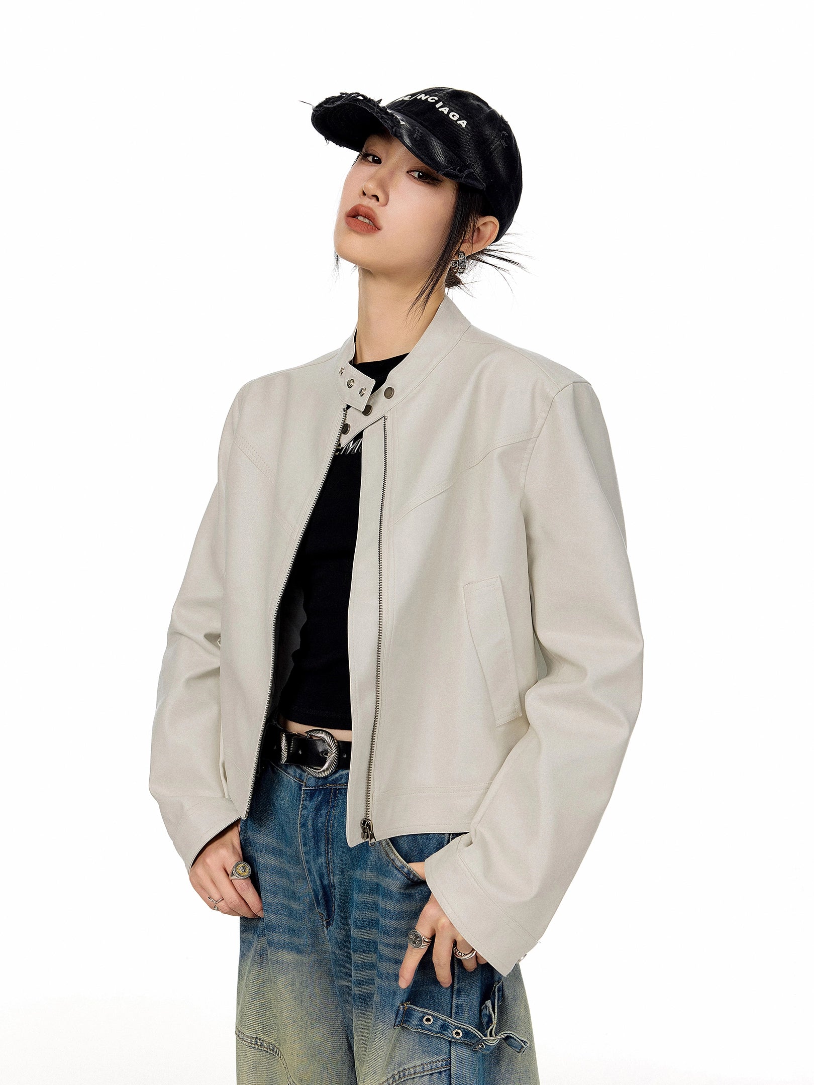 ICH MODE 美式复古棕色立领皮衣外套女秋冬新款机车皮夹克短上衣