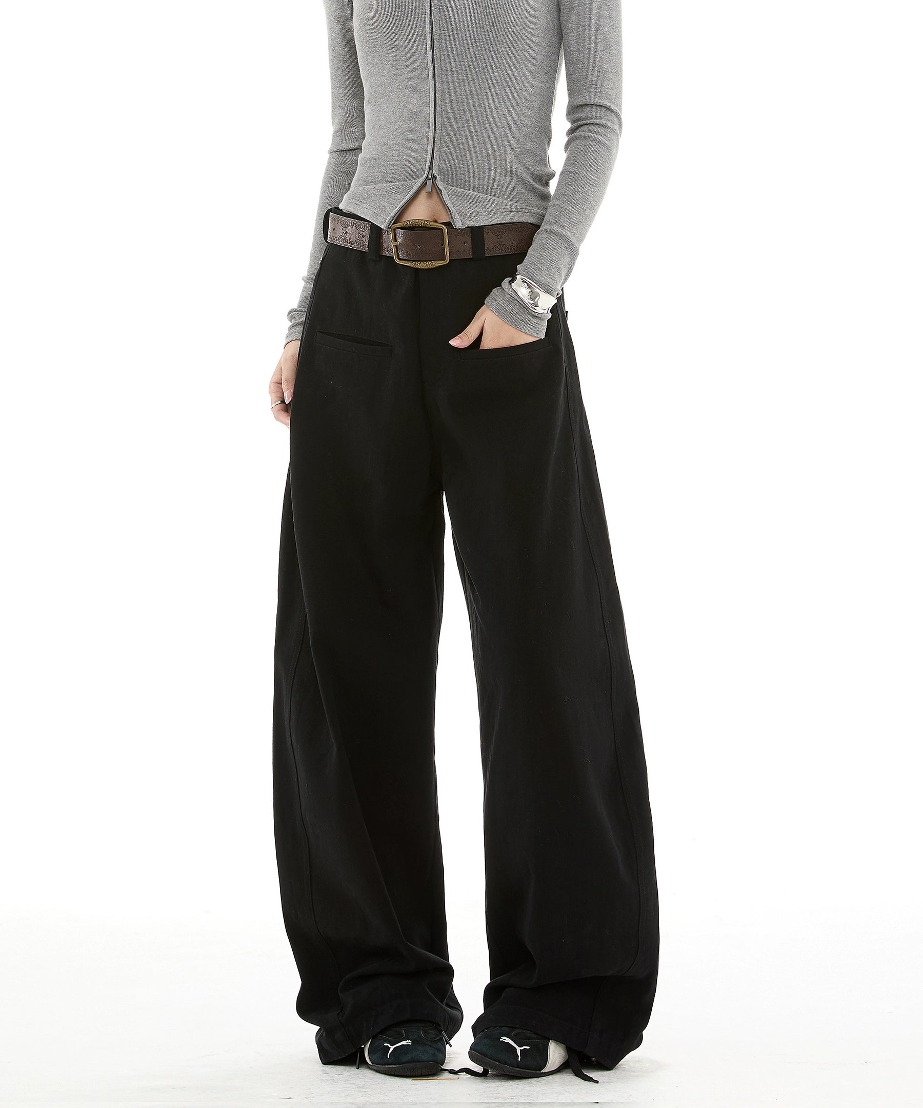 ICH MODE 美式复古卡其色休闲裤女直筒宽松阔腿裤运动裤百搭裤子