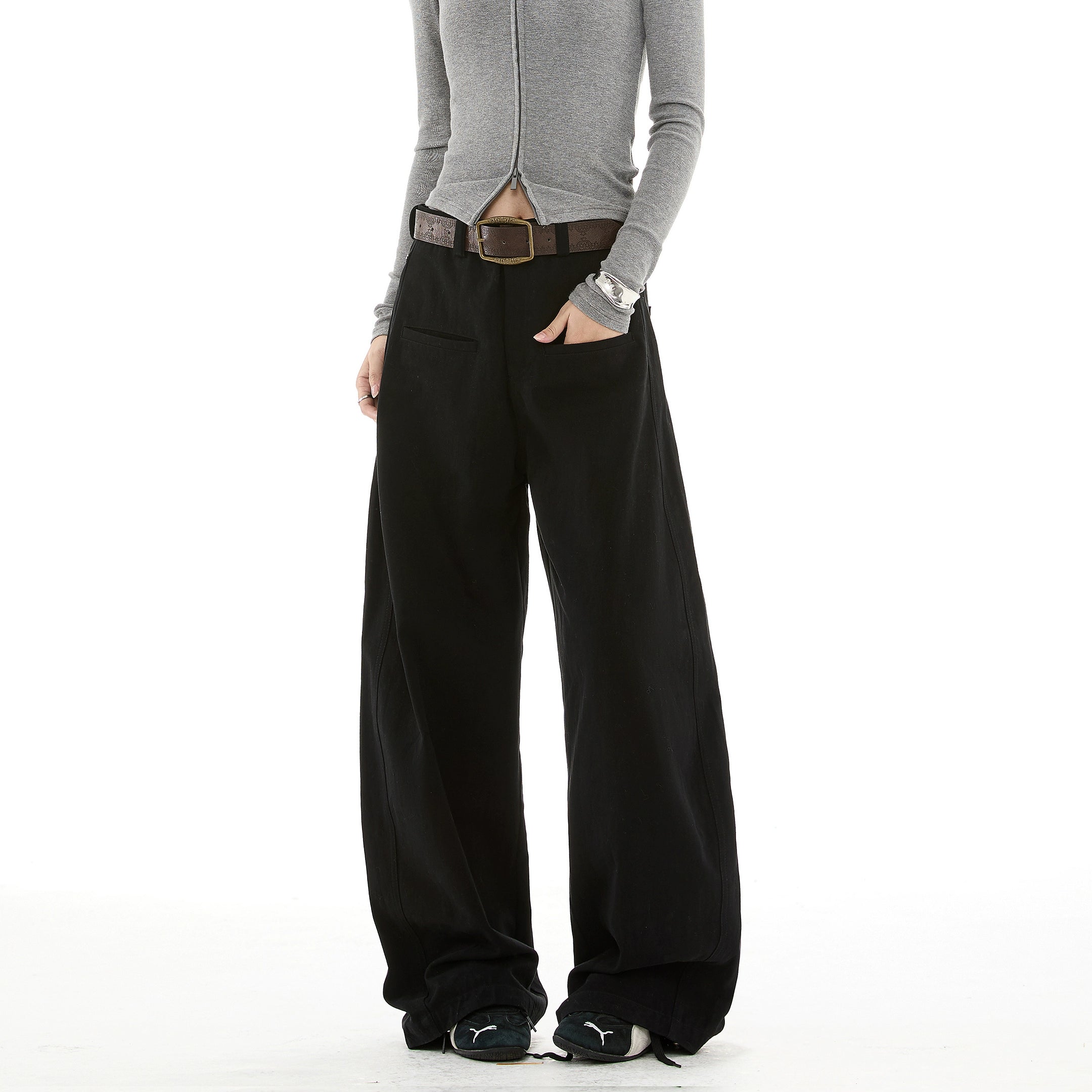 ICH MODE 美式复古卡其色休闲裤女直筒宽松阔腿裤运动裤百搭裤子