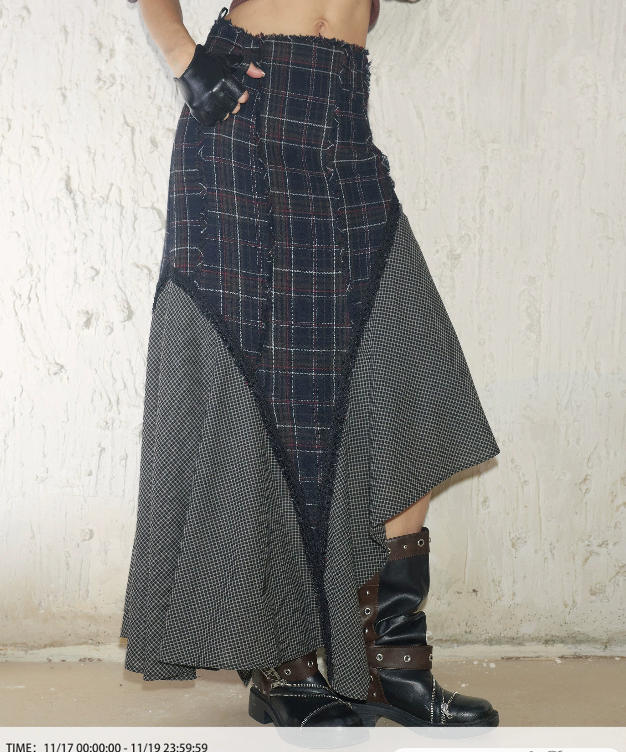 2th Desire100羊毛格纹撞色拼接毛边秋冬a字毛呢不规则长款半身裙