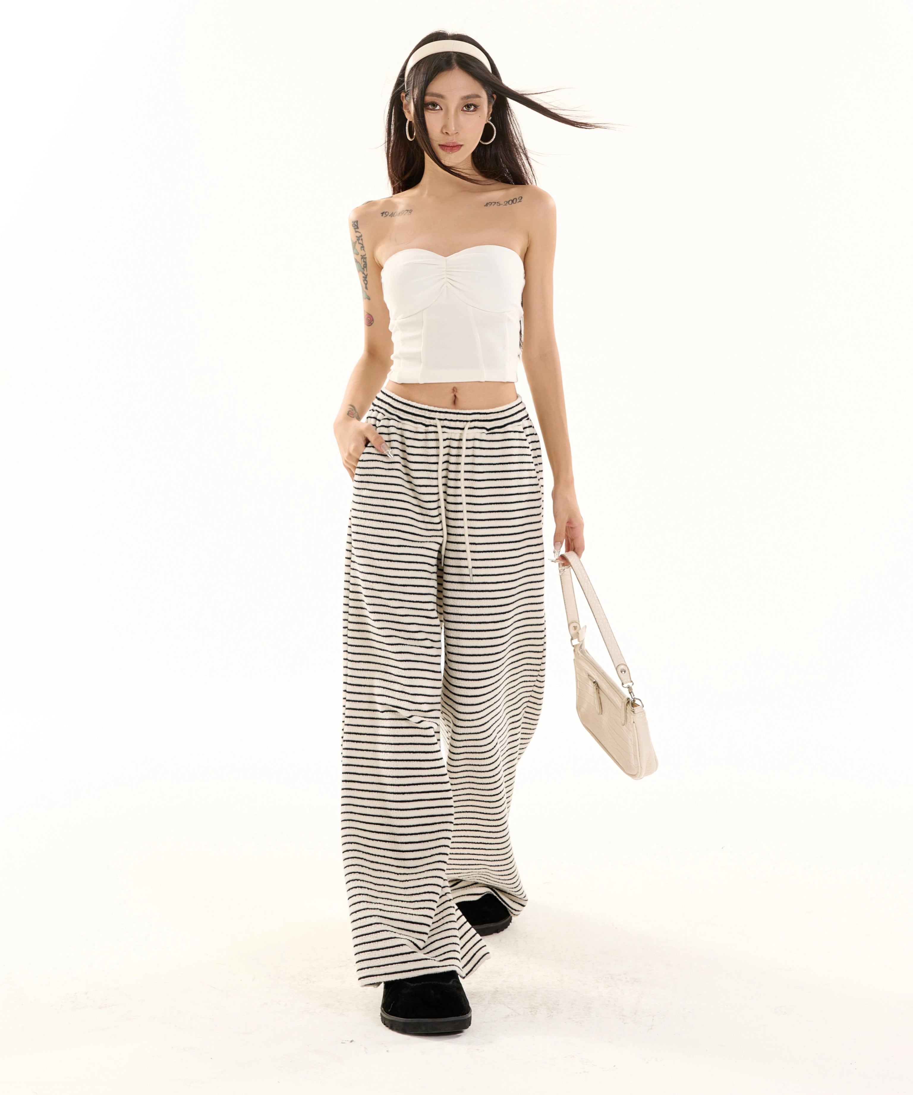 野生zero黑白条纹裤女夏季显瘦宽松慵懒风松紧腰阔腿直筒休闲裤子