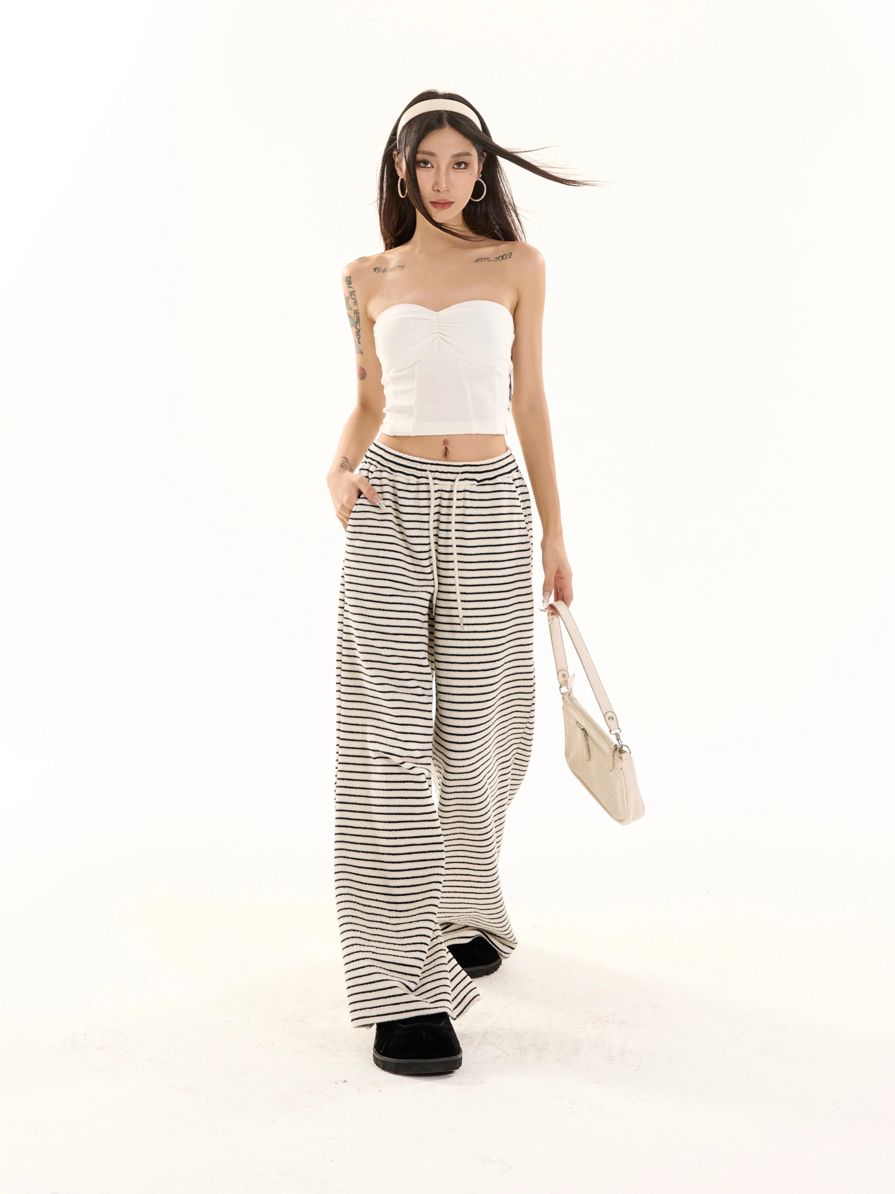 野生zero黑白条纹裤女夏季显瘦宽松慵懒风松紧腰阔腿直筒休闲裤子