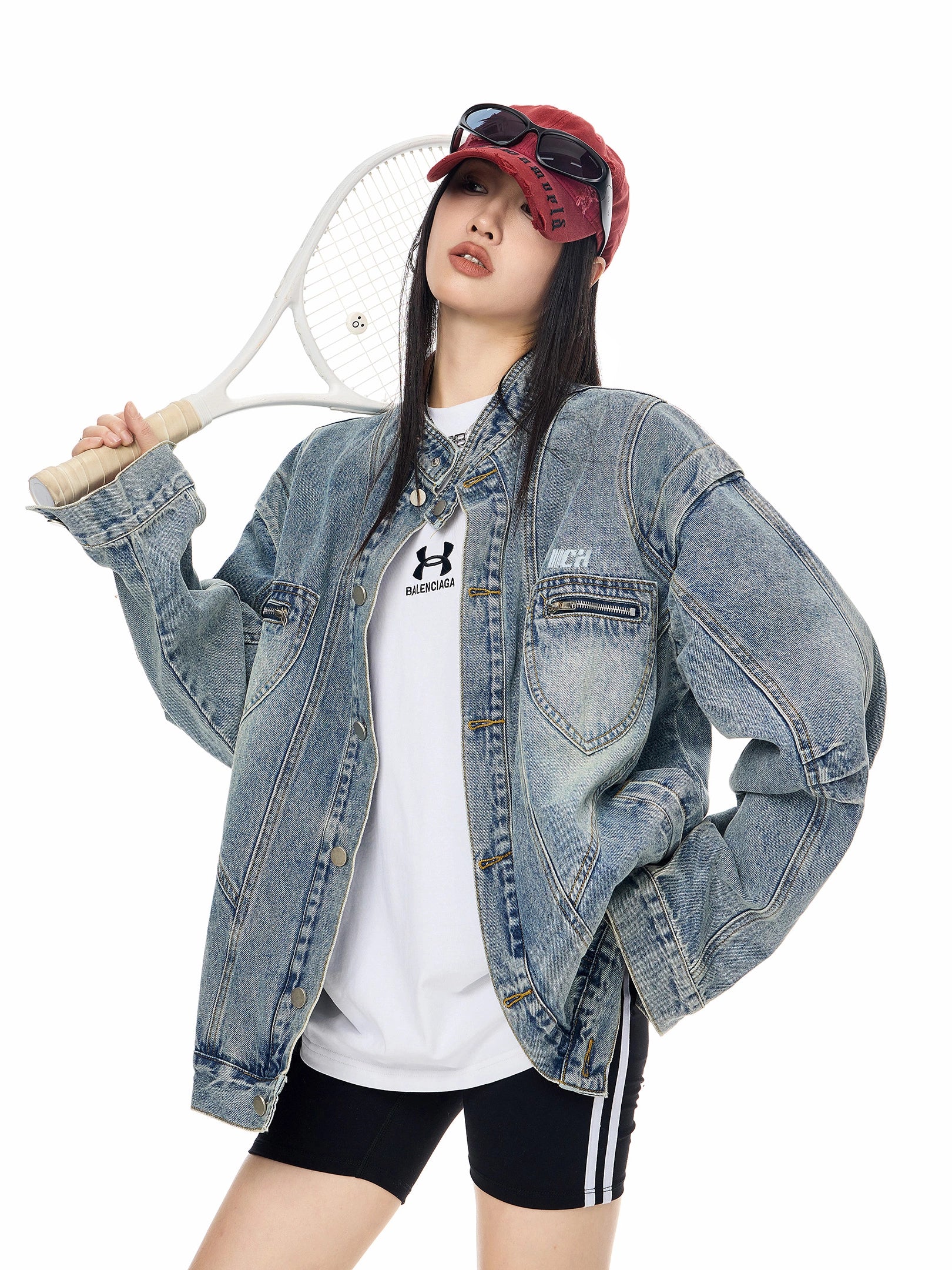 ICH MODE 美式复古立领工装牛仔外套女秋冬新款宽松开衫上衣夹克