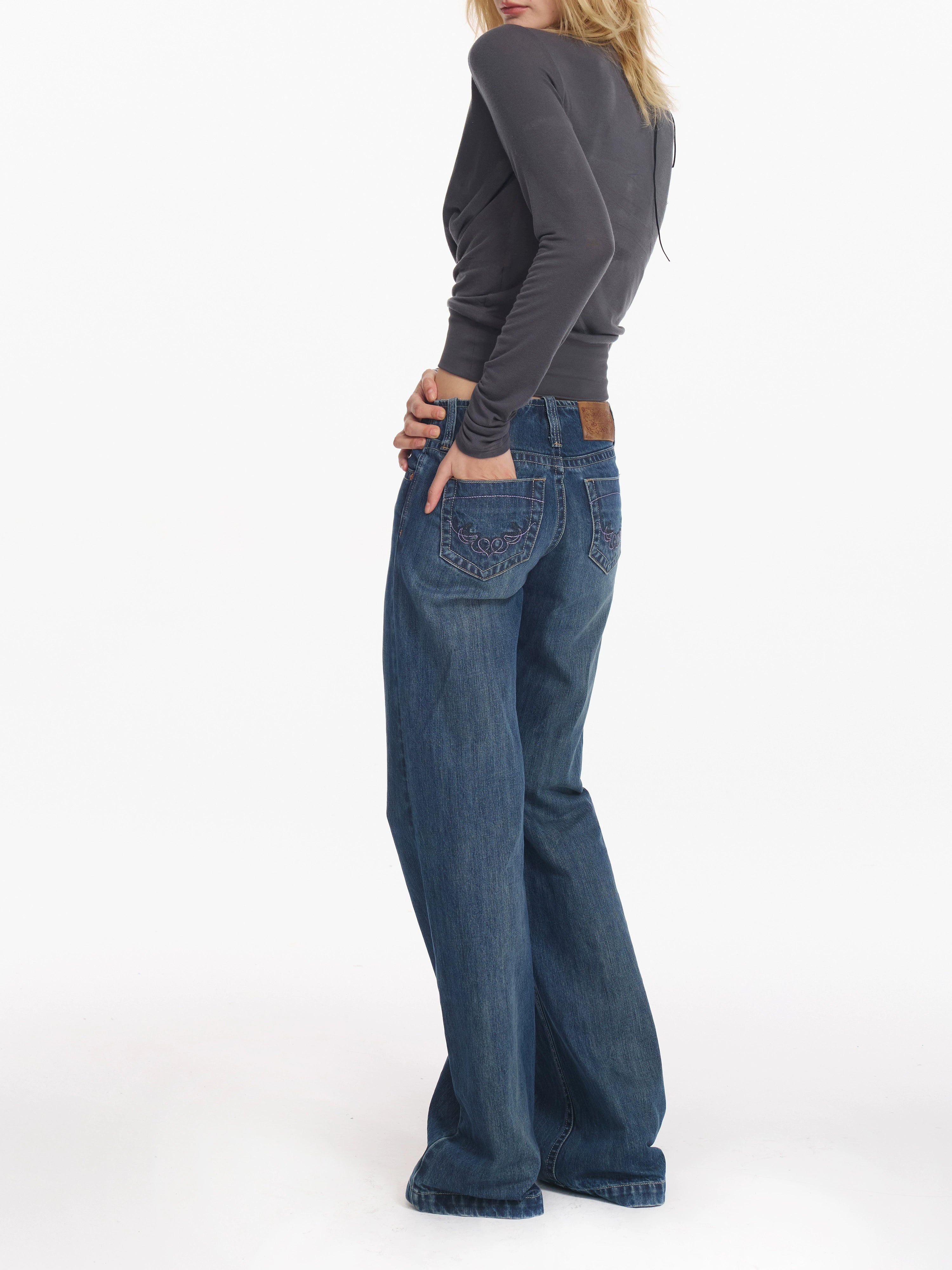 2th Desire 复古撞色刺绣无腰头低腰直筒垂感修身水洗蓝牛仔裤女