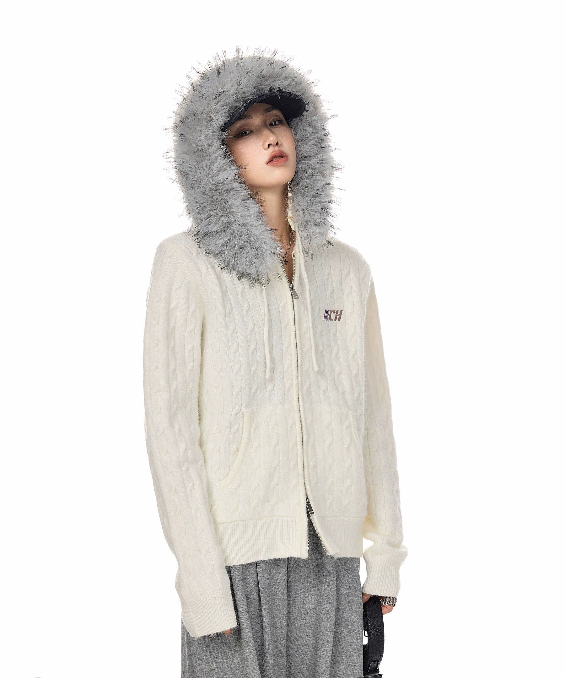 ICH MODE 美式复古刺绣毛领连帽针织开衫女秋冬休闲慵懒毛衣外套