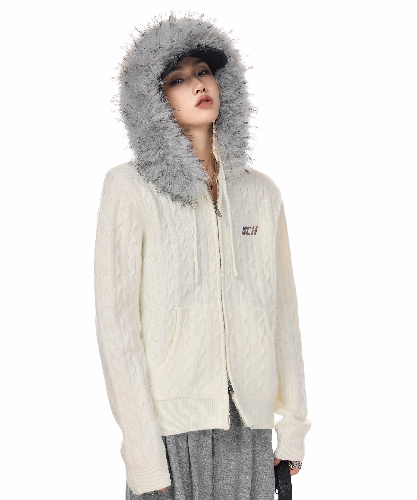 ICH MODE 美式复古刺绣毛领连帽针织开衫女秋冬休闲慵懒毛衣外套