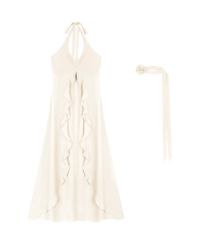 野生zero红色荷叶边挂脖背心连衣裙女夏季设计感小众显瘦无袖上衣