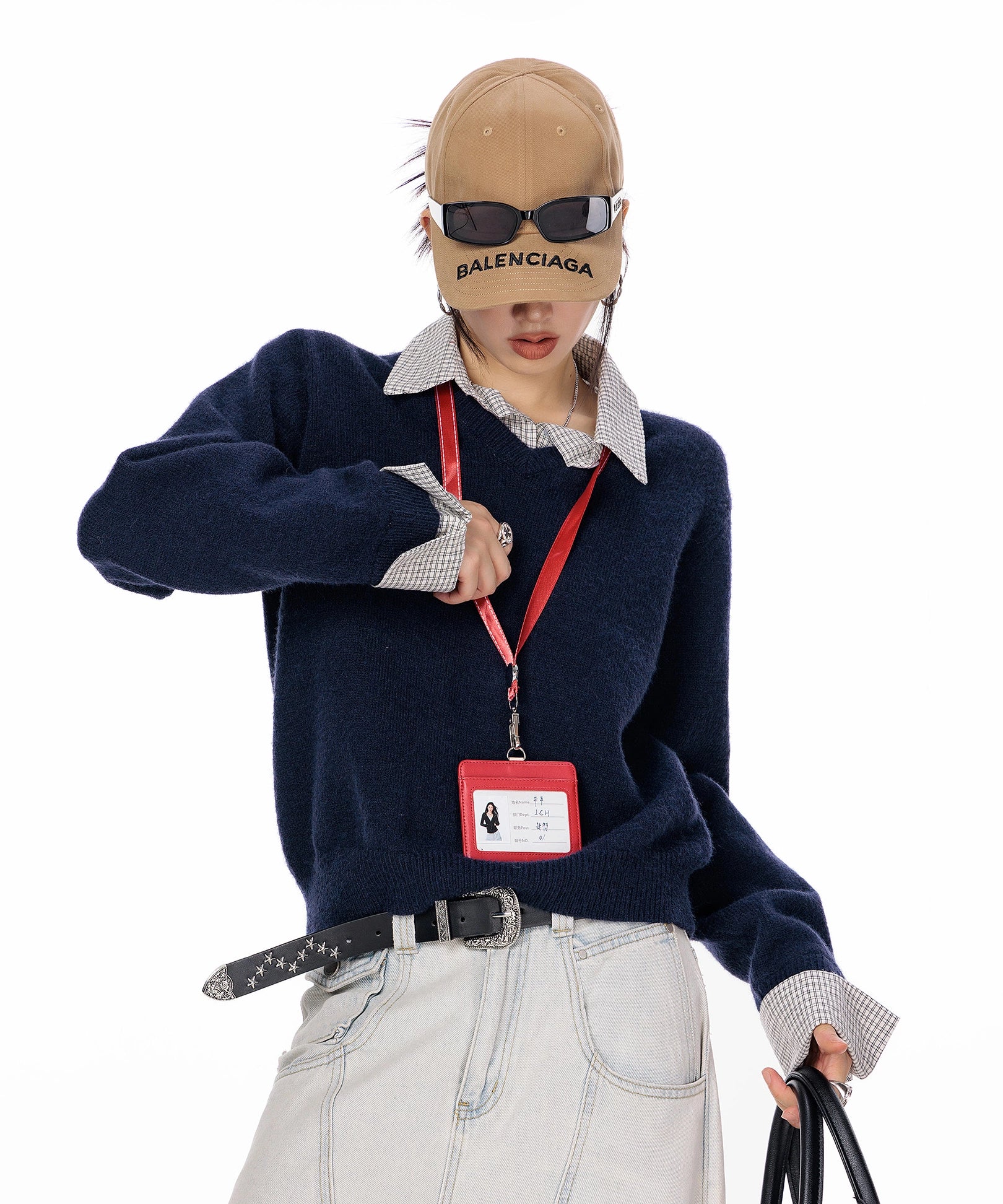 ICH MODE 美式复古假两件格子拼接毛衣女秋冬季毛针织衫POLO上衣