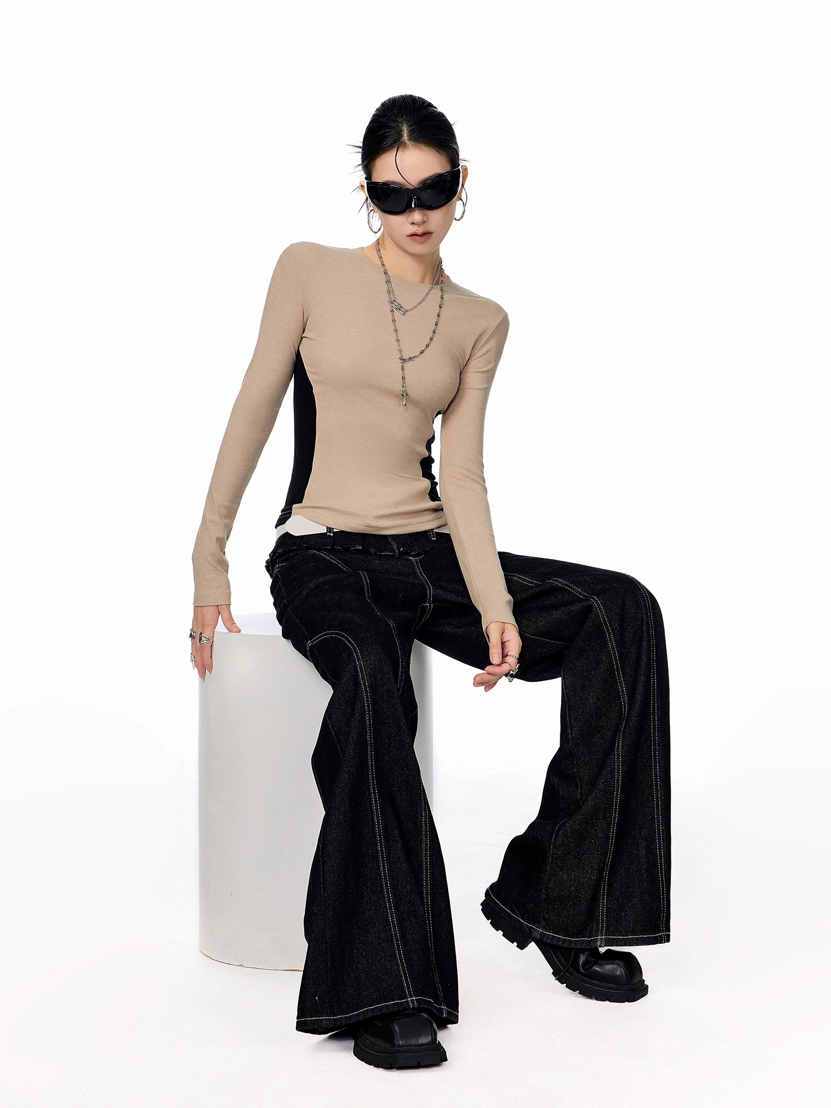 ICH MODE 美式复古撞色长袖T恤女秋冬修身内搭打底衫圆领正肩上衣