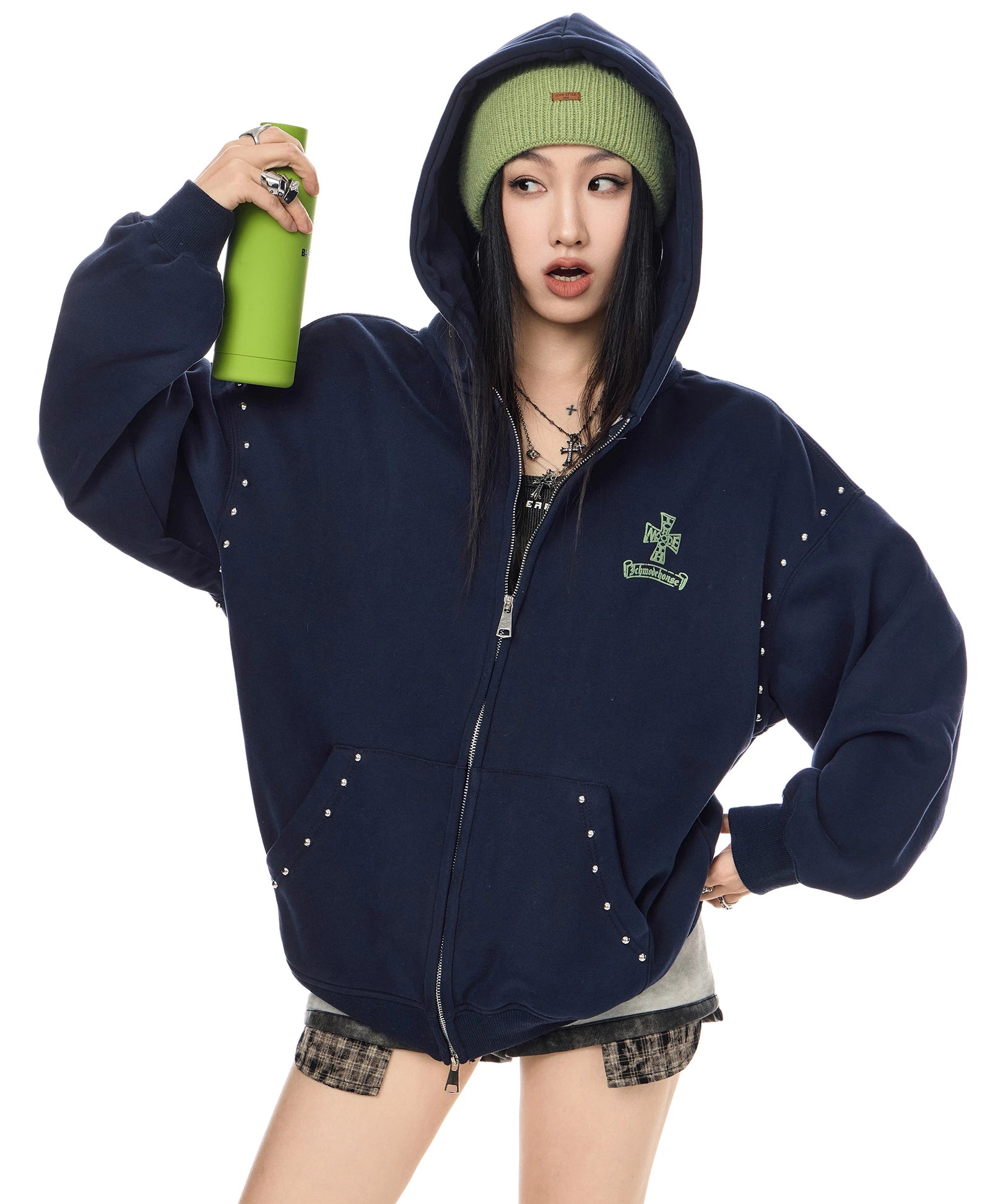 ICH MODE 美式哥特风复古钢珠加绒外套女秋冬季连帽上衣开衫卫衣