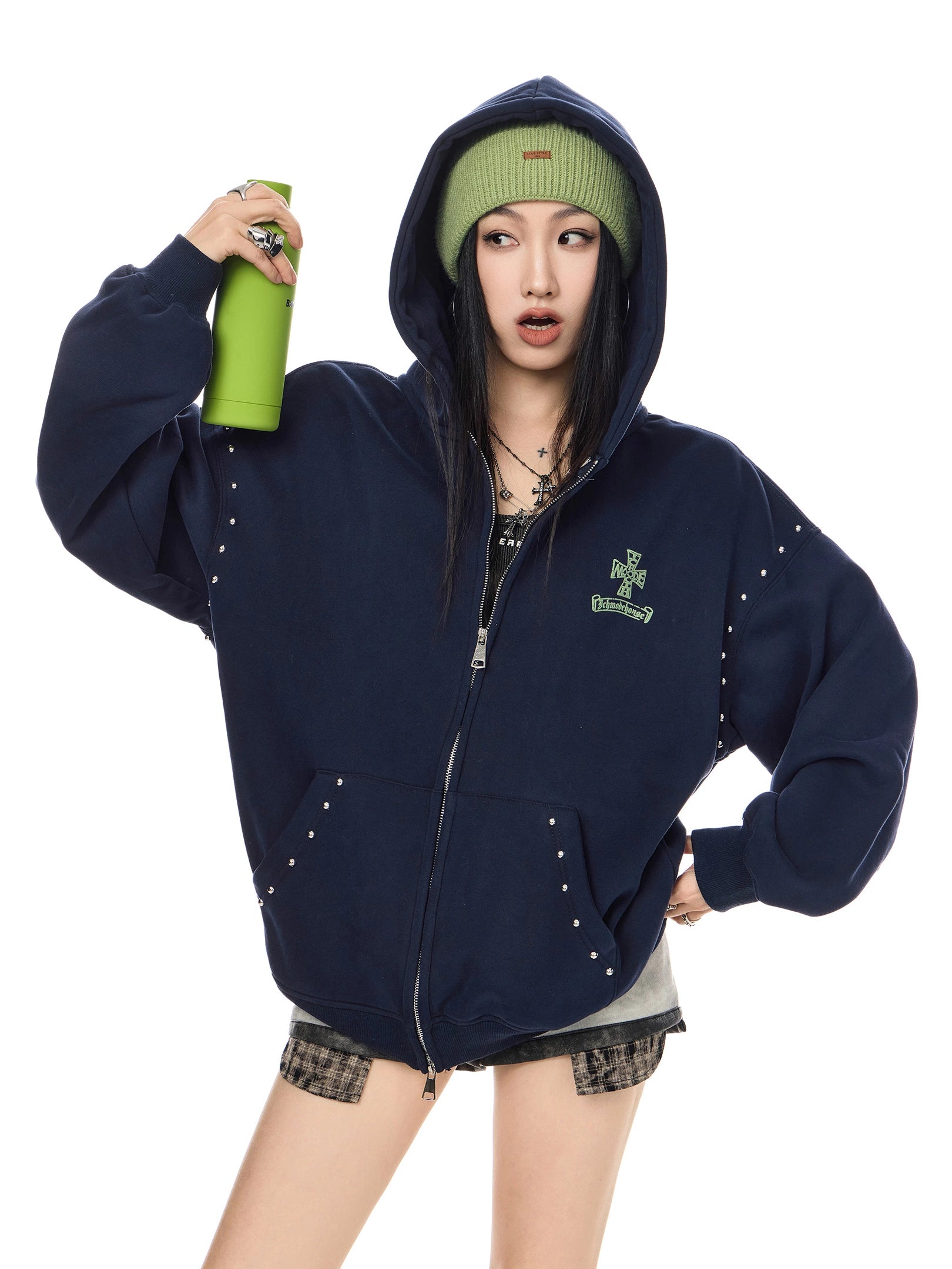 ICH MODE 美式哥特风复古钢珠加绒外套女秋冬季连帽上衣开衫卫衣