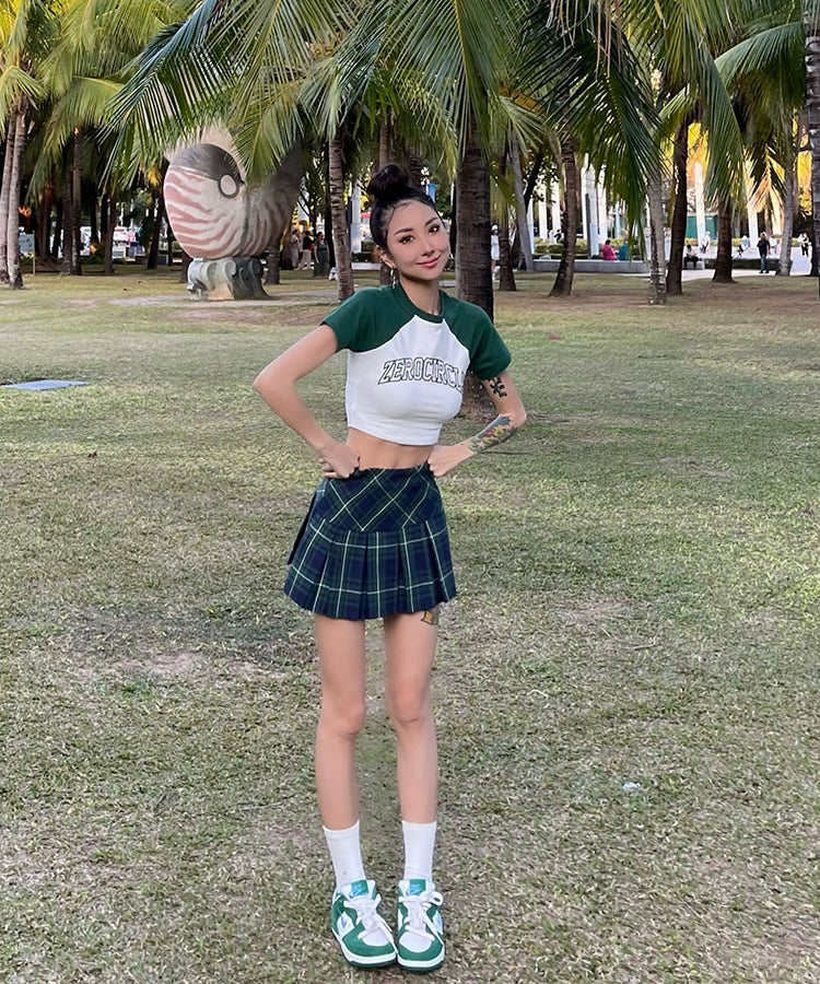 野生zero 绿蓝红色插肩短袖t恤女夏美式复古辣妹修身显瘦短款上衣