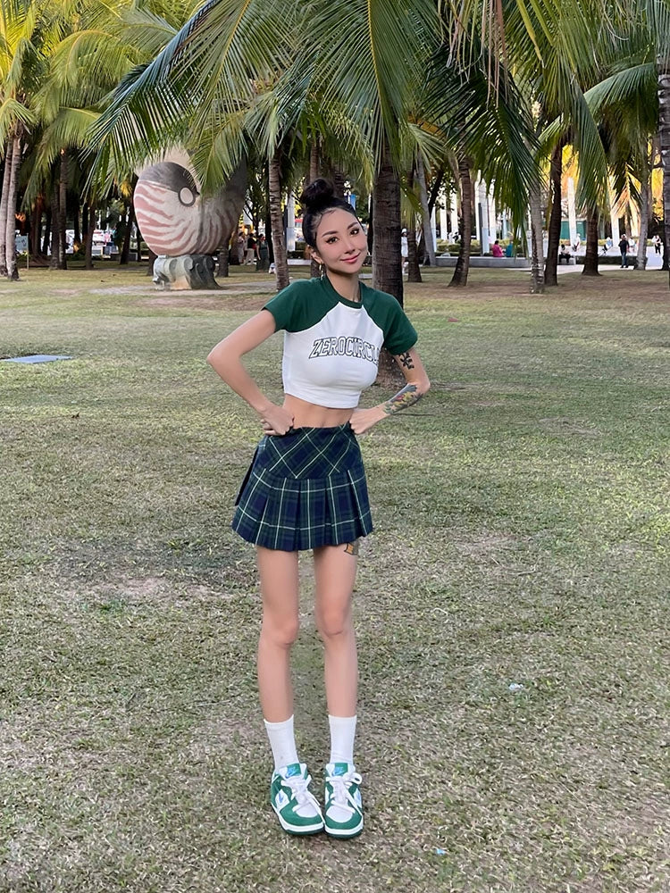 野生zero 绿蓝红色插肩短袖t恤女夏美式复古辣妹修身显瘦短款上衣