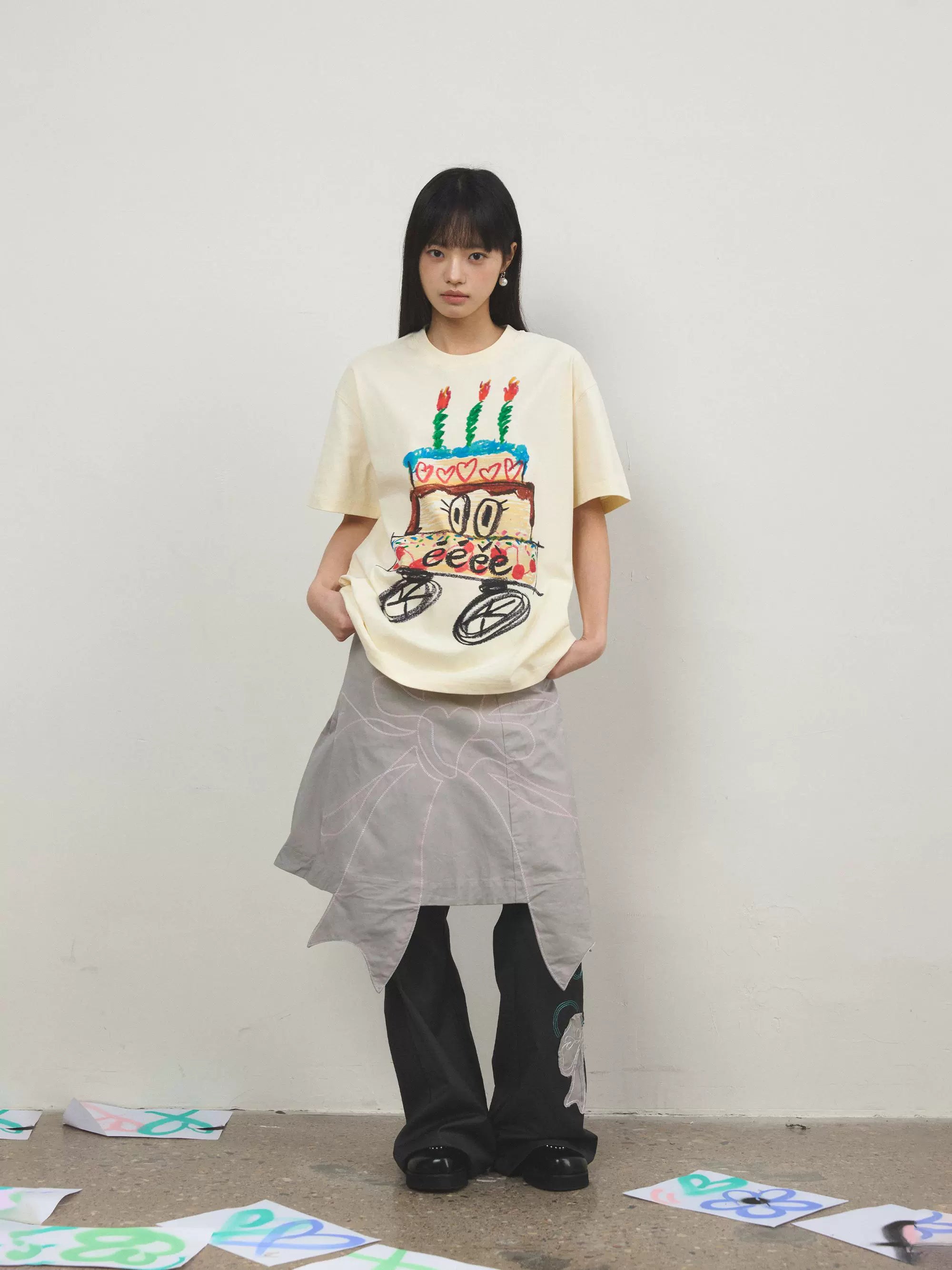 “逃跑蛋糕”| eeee手绘生日蛋糕创意T恤小众涂鸦艺术印花短袖夏