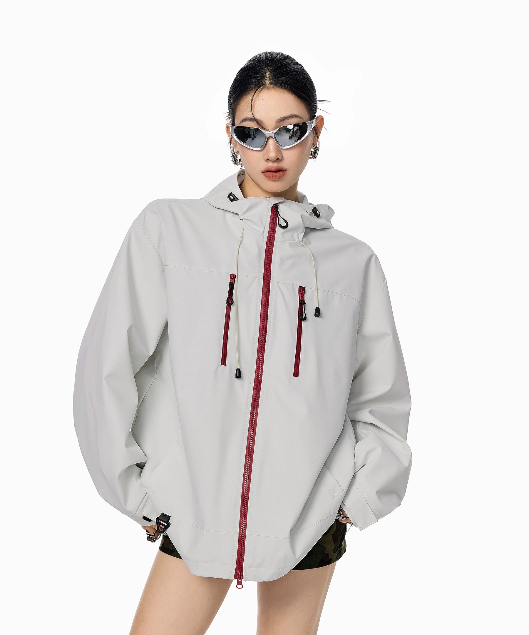 ICH MODE 美式复古撞色工装连帽外套女秋冬户外运动夹克长袖上衣