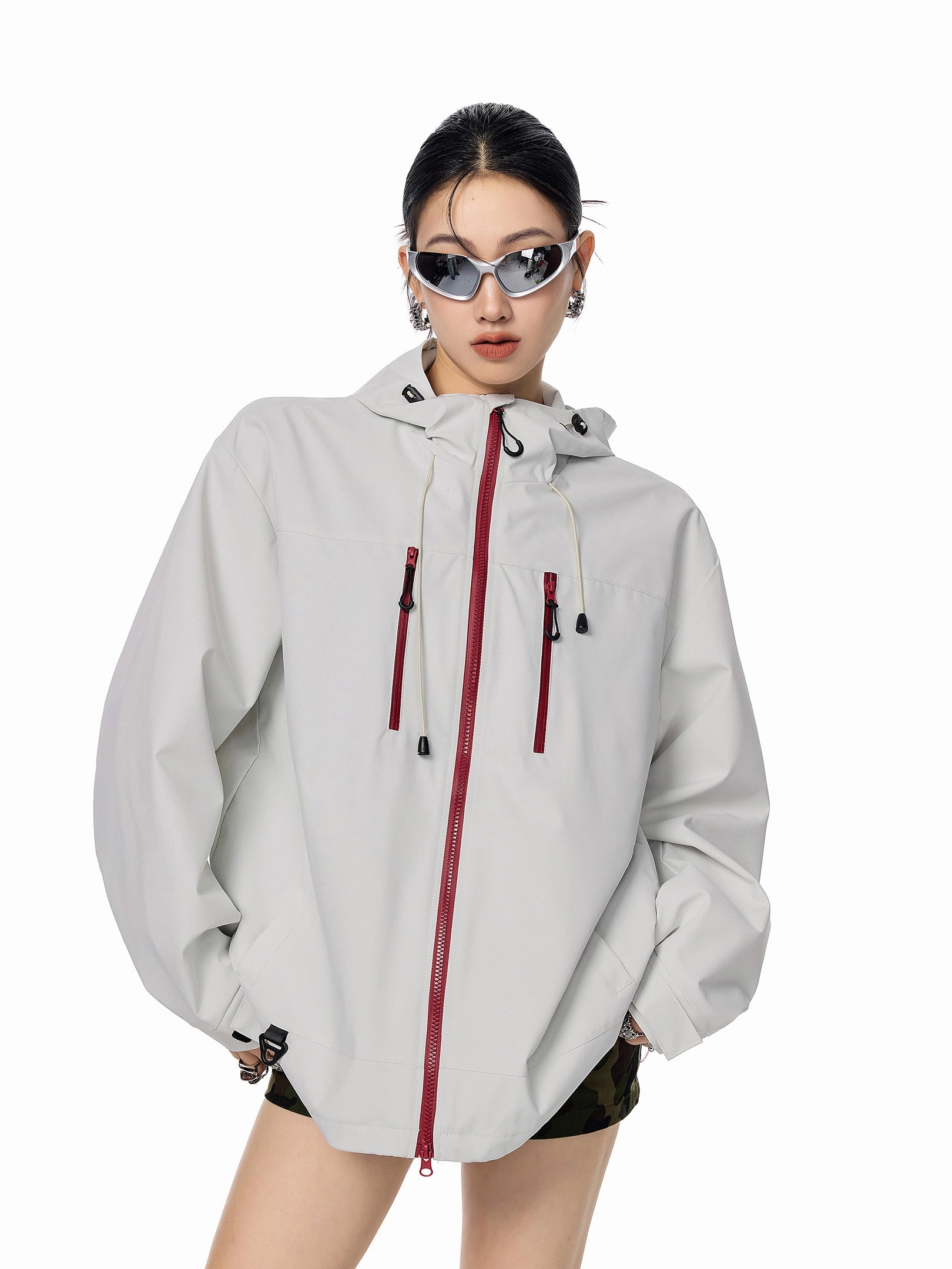 ICH MODE 美式复古撞色工装连帽外套女秋冬户外运动夹克长袖上衣