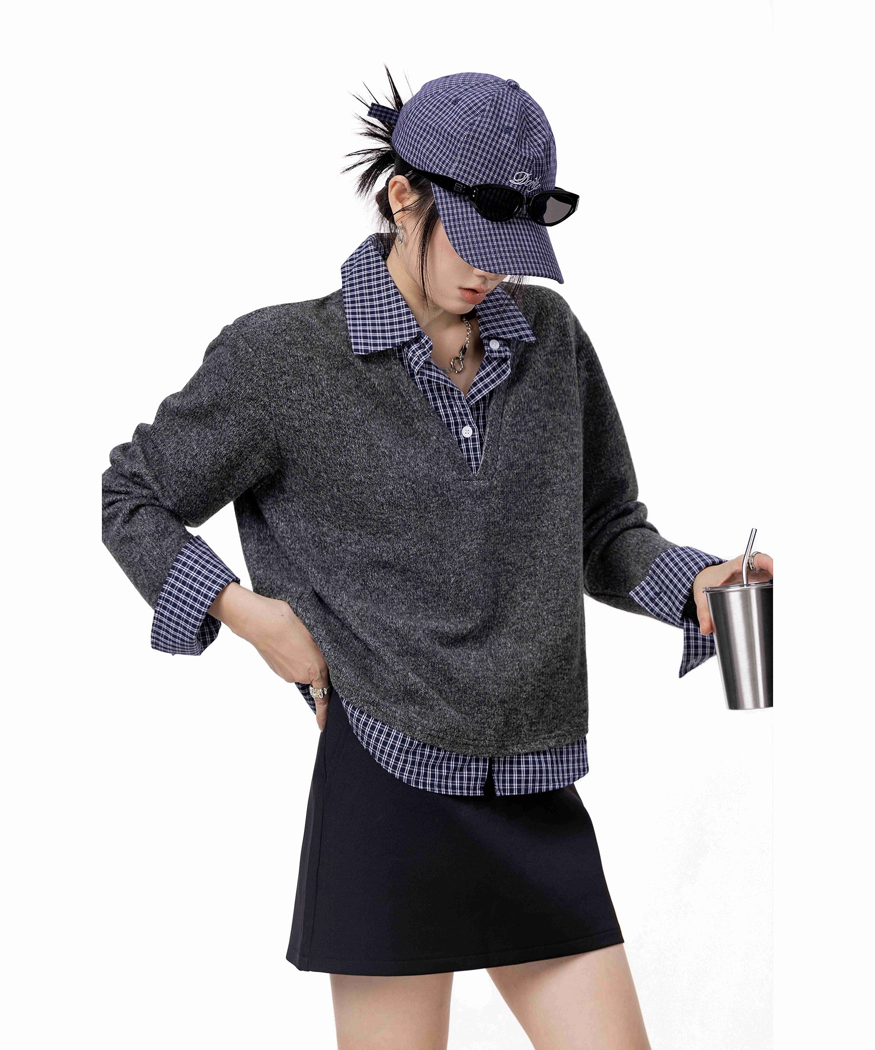 ICH MODE 美式假两件毛针织衫女2025秋冬新款POLO衫毛衣休闲上衣