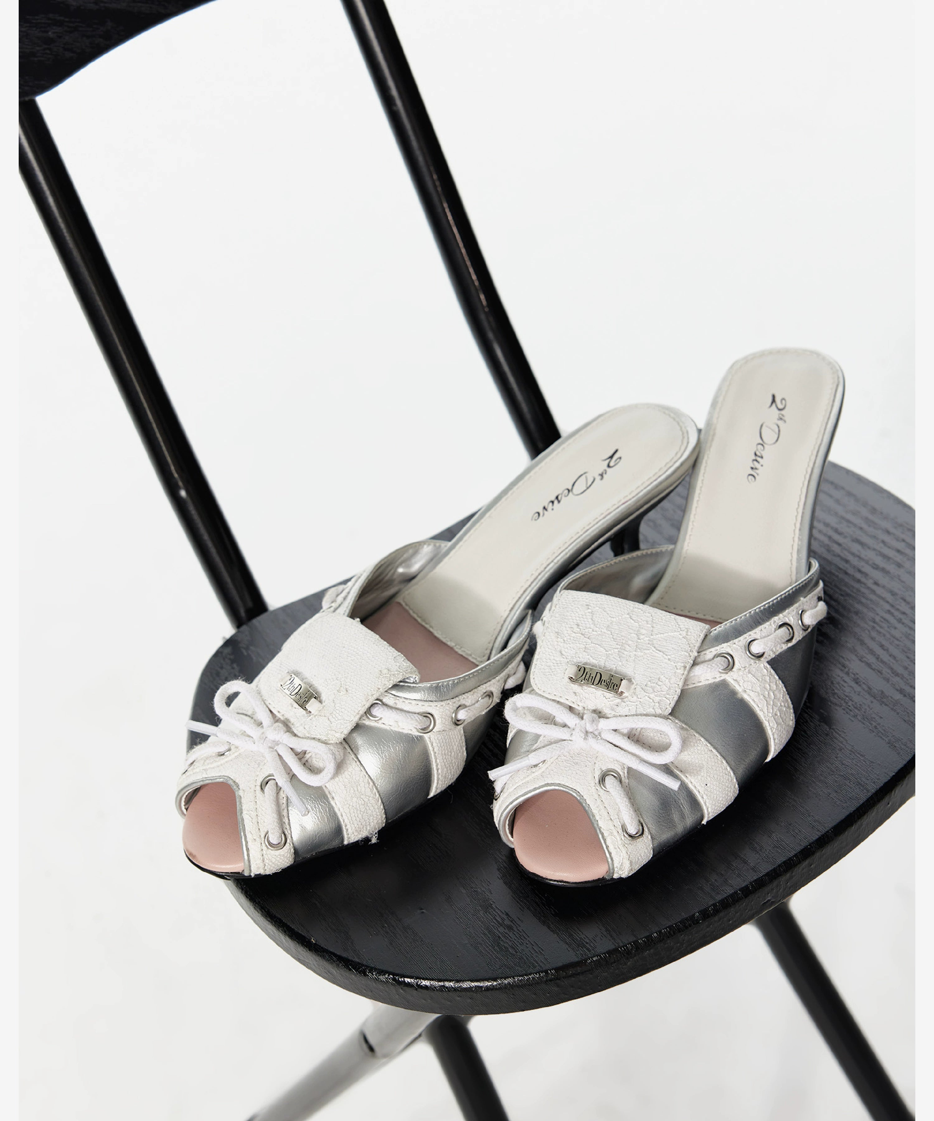 2th Desire原创鞋带绑带撞色蕾丝拼接小猫跟鱼嘴凉鞋低跟露趾拖鞋