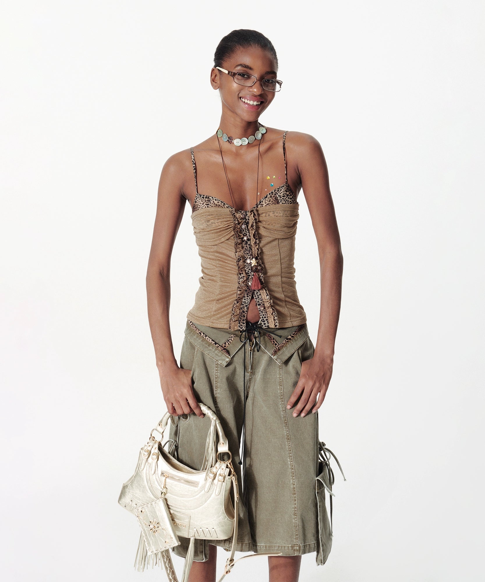 2th Desire亮闪修身曲线豹纹肌理荷叶边蕾丝花边拼接针织吊带背心