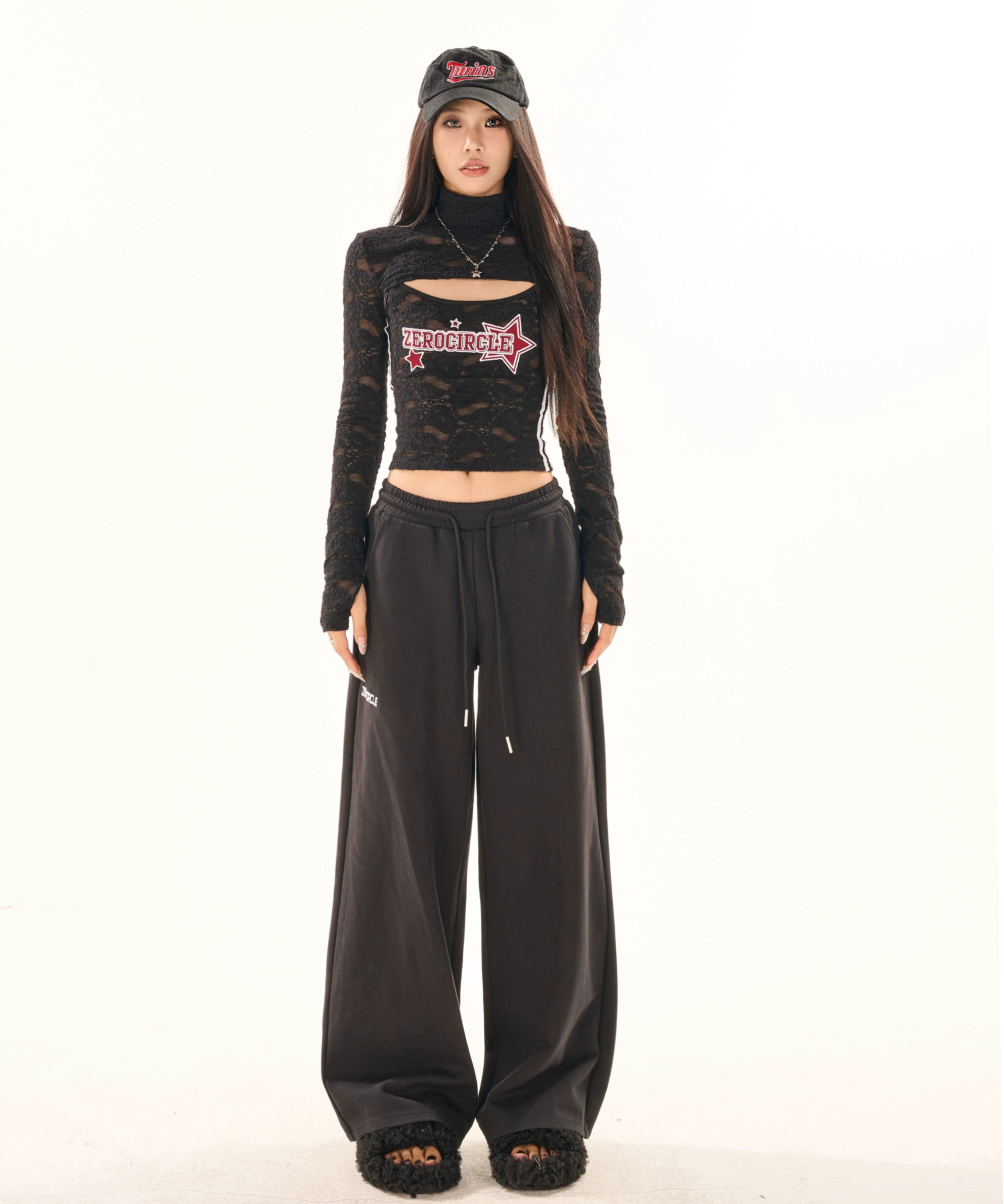 野生zerocircle黑色吊带两件套女春季辣妹修身显瘦半高领蕾丝上衣