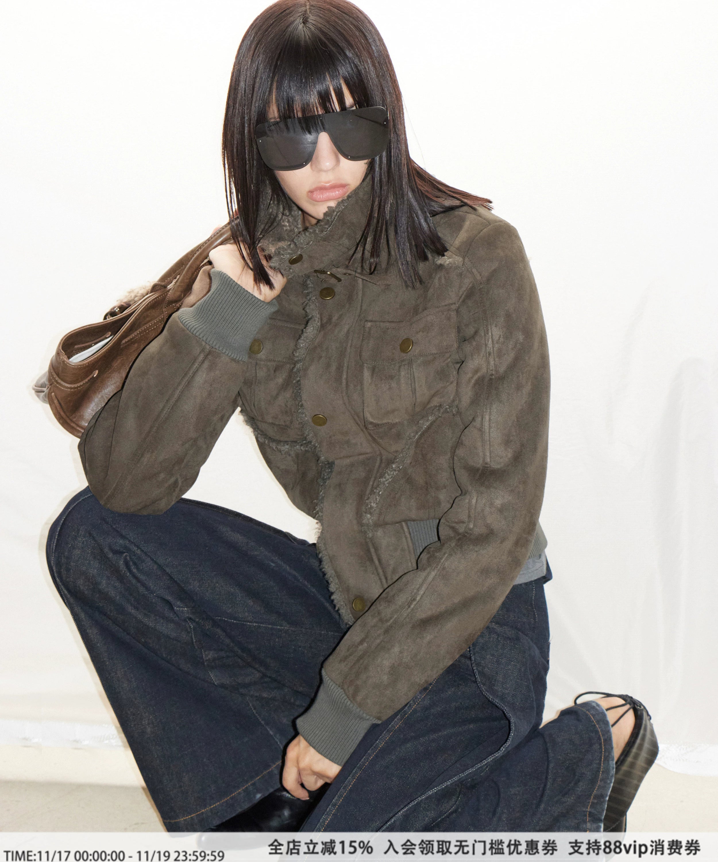 2th Desire原创复古皮毛一体罗纹保暖毛毛翻领短款拉链夹克外套