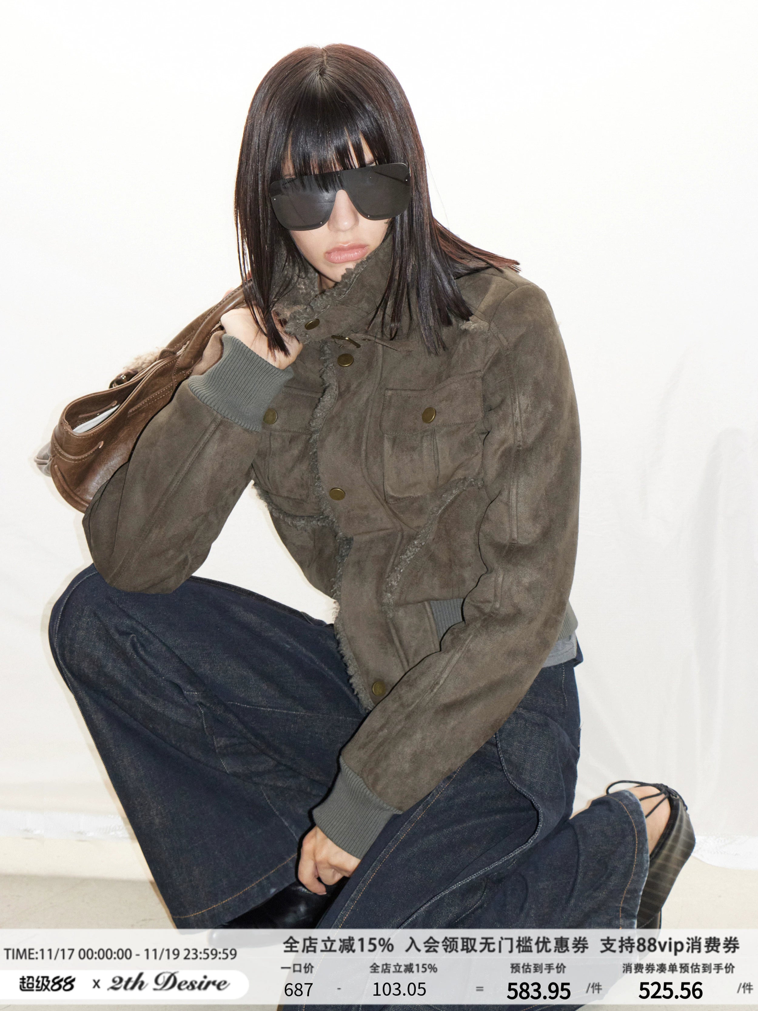 2th Desire原创复古皮毛一体罗纹保暖毛毛翻领短款拉链夹克外套