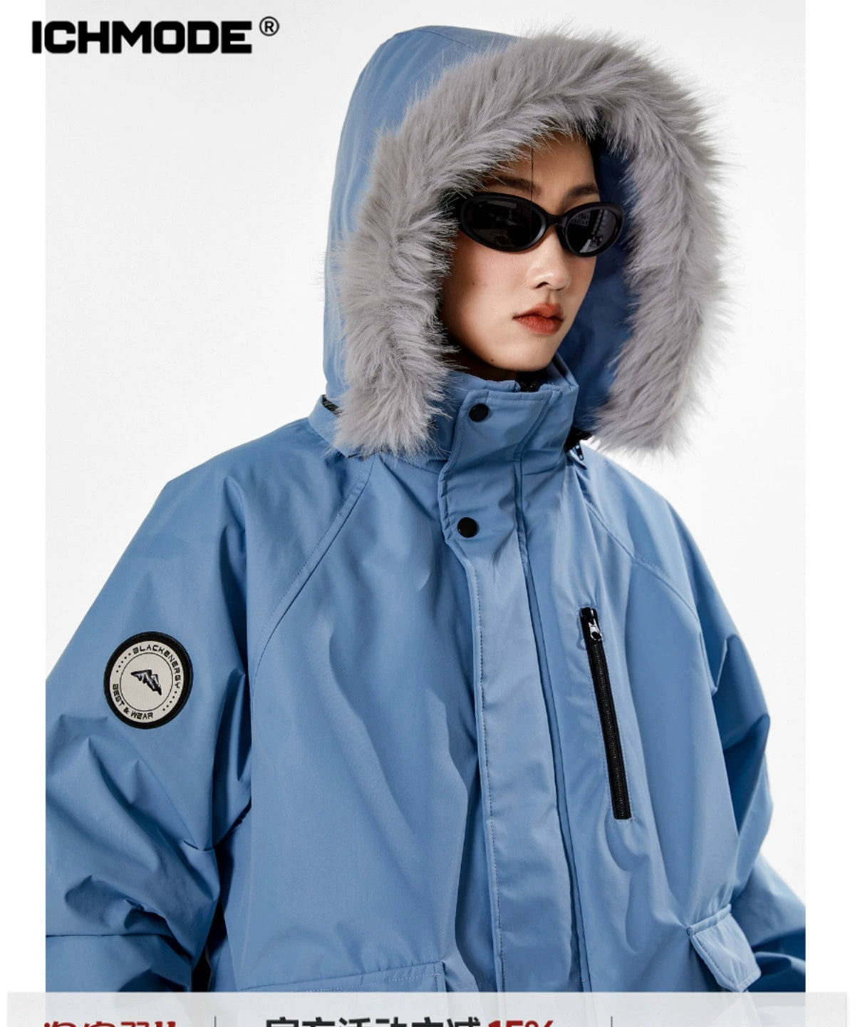 ICH MODE 美式复古派克服蓝色棉服女冬季工装外套棉衣棉袄新款