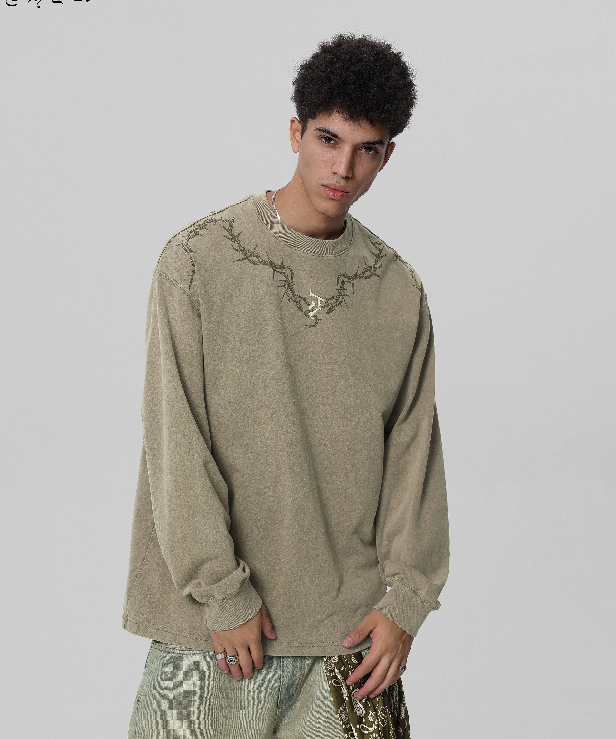 【邓为同款】JHYQ荆棘印花重磅320g水洗美式长袖t恤男宽松卫衣男