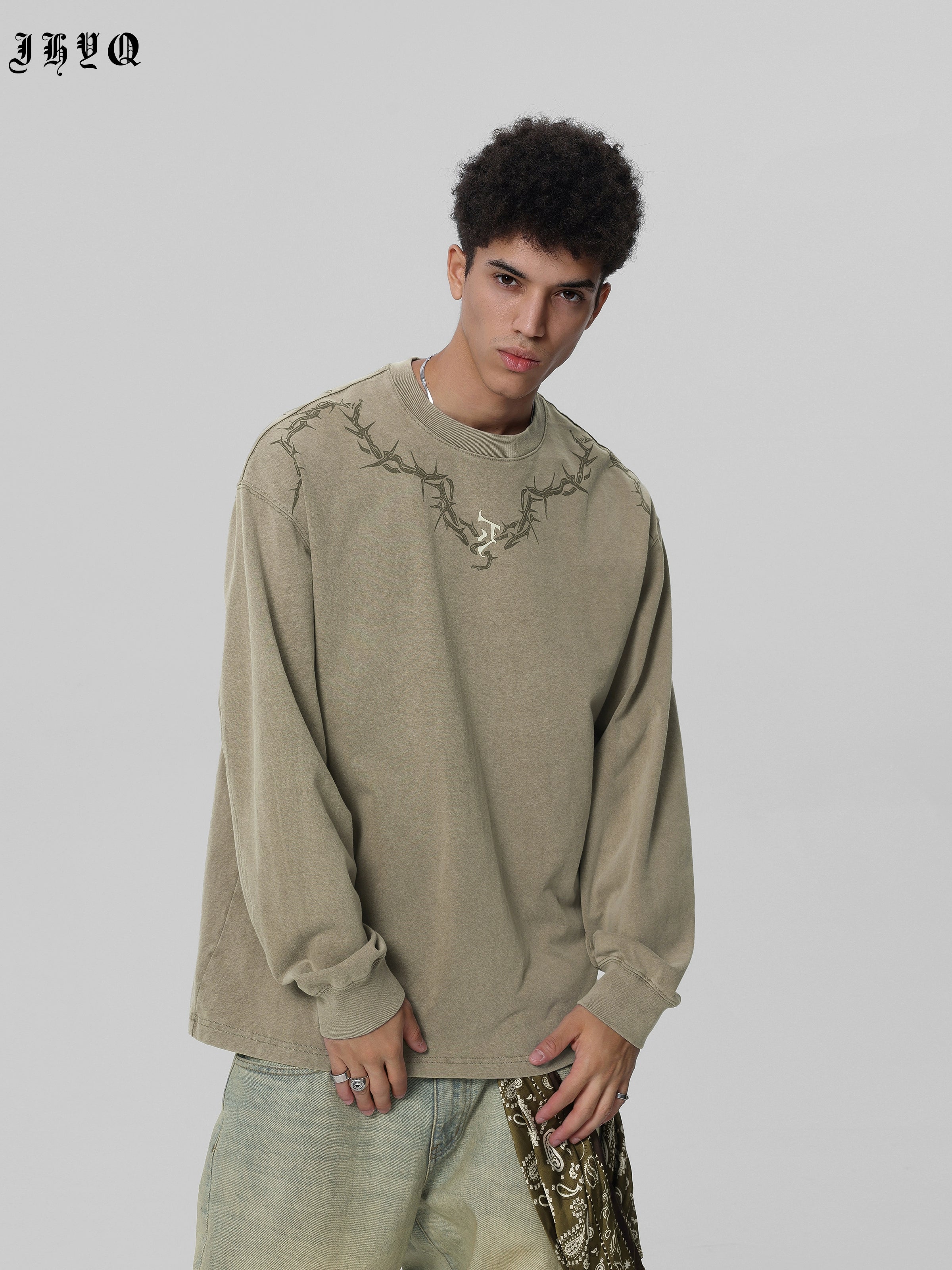 【邓为同款】JHYQ荆棘印花重磅320g水洗美式长袖t恤男宽松卫衣男