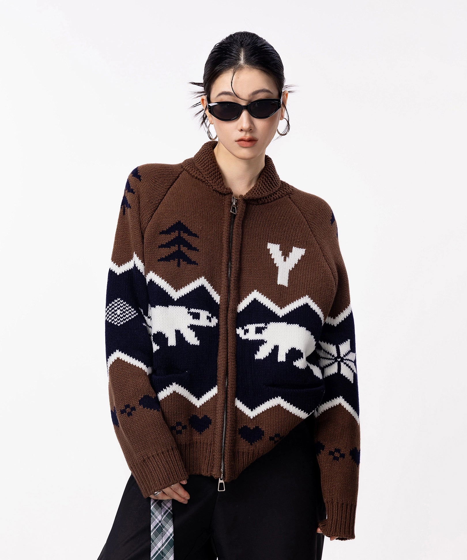 ICH MODE 美式复古提花针织开衫女秋冬宽松外搭休闲慵懒毛衣外套