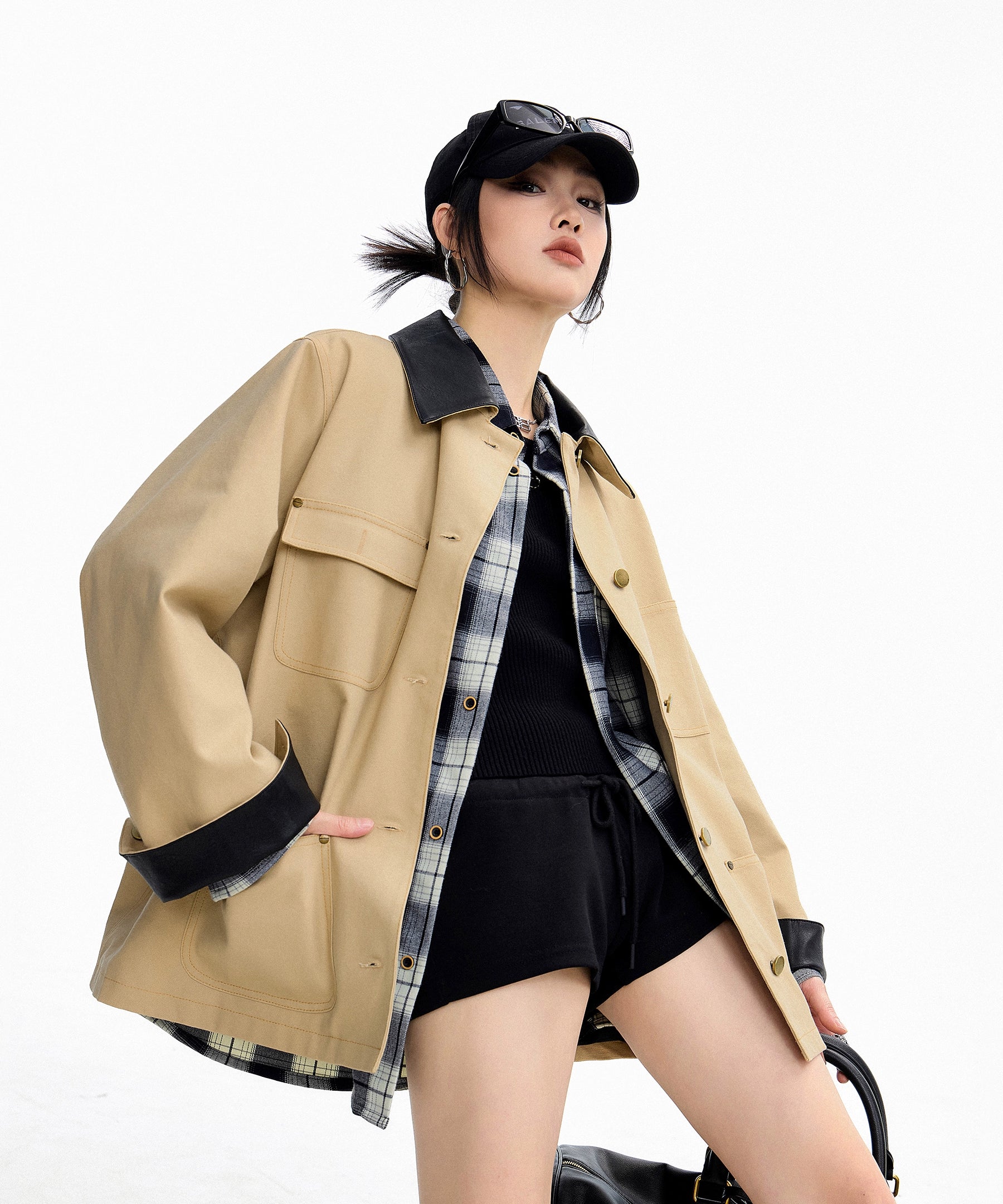 ICH MODE 美式复古巴恩风短款风衣外套女秋冬季宽松开衫夹克上衣