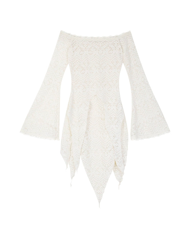 野生zerocircle黑色中长款修身蕾丝衫女春季辣妹喇叭袖一字肩上衣