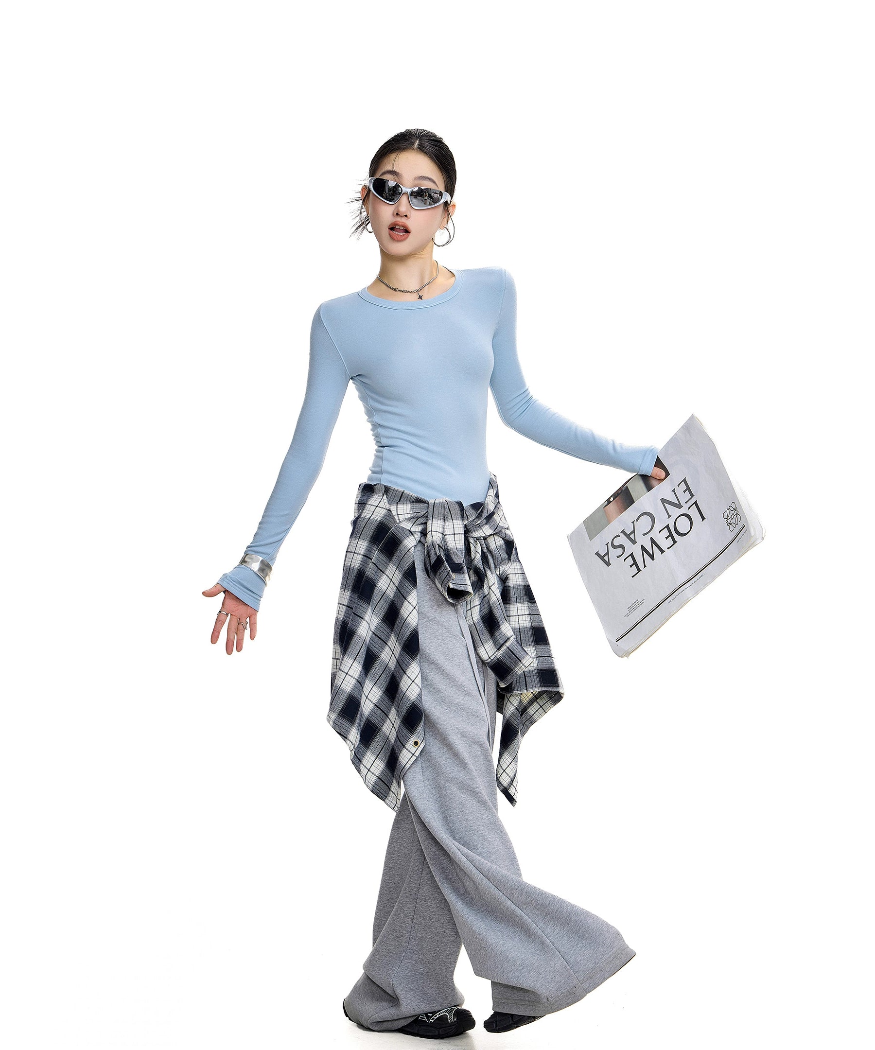 ICH MODE 美式复古正肩长袖T恤女秋冬修身内搭打底衫一字肩上衣