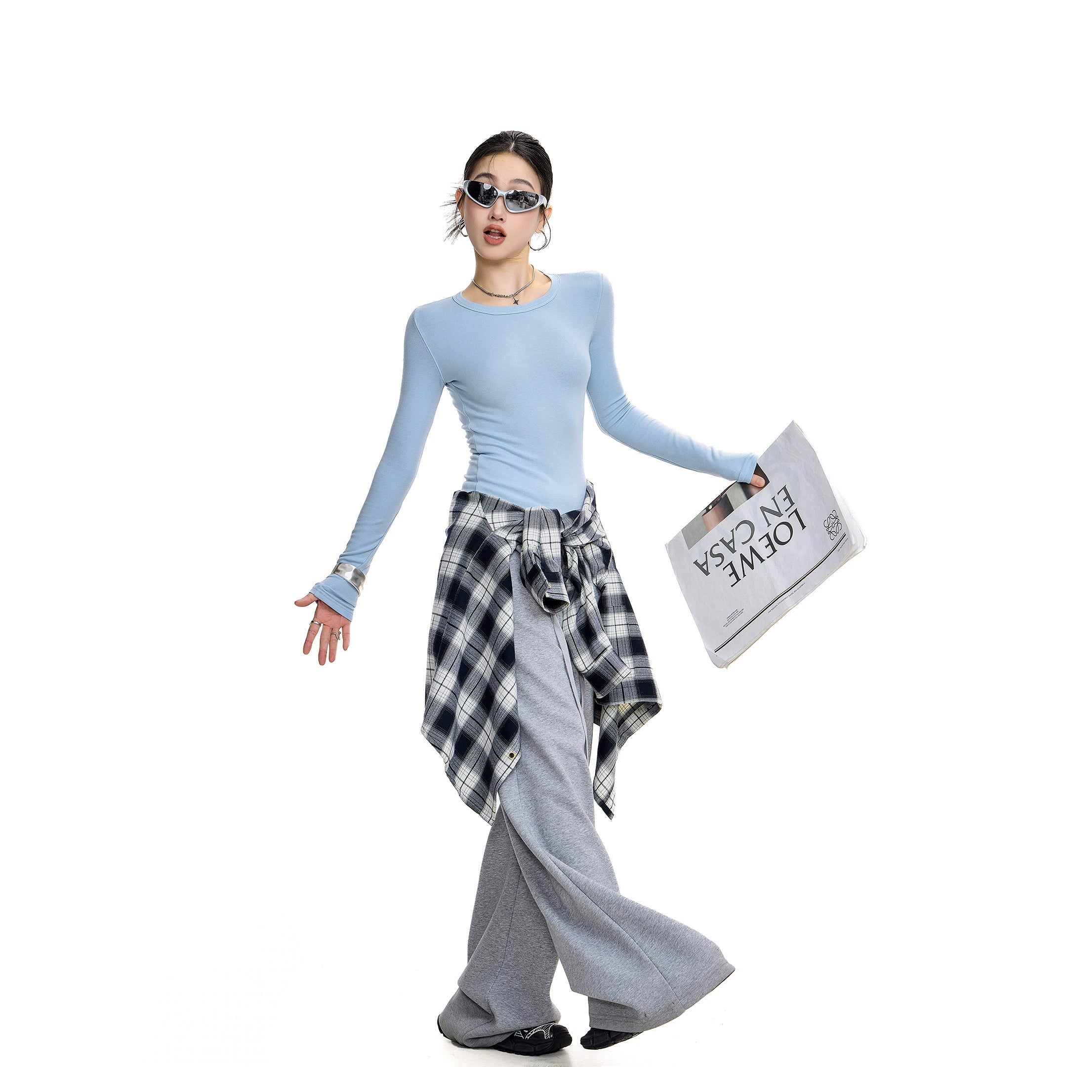 ICH MODE 美式复古正肩长袖T恤女秋冬修身内搭打底衫一字肩上衣