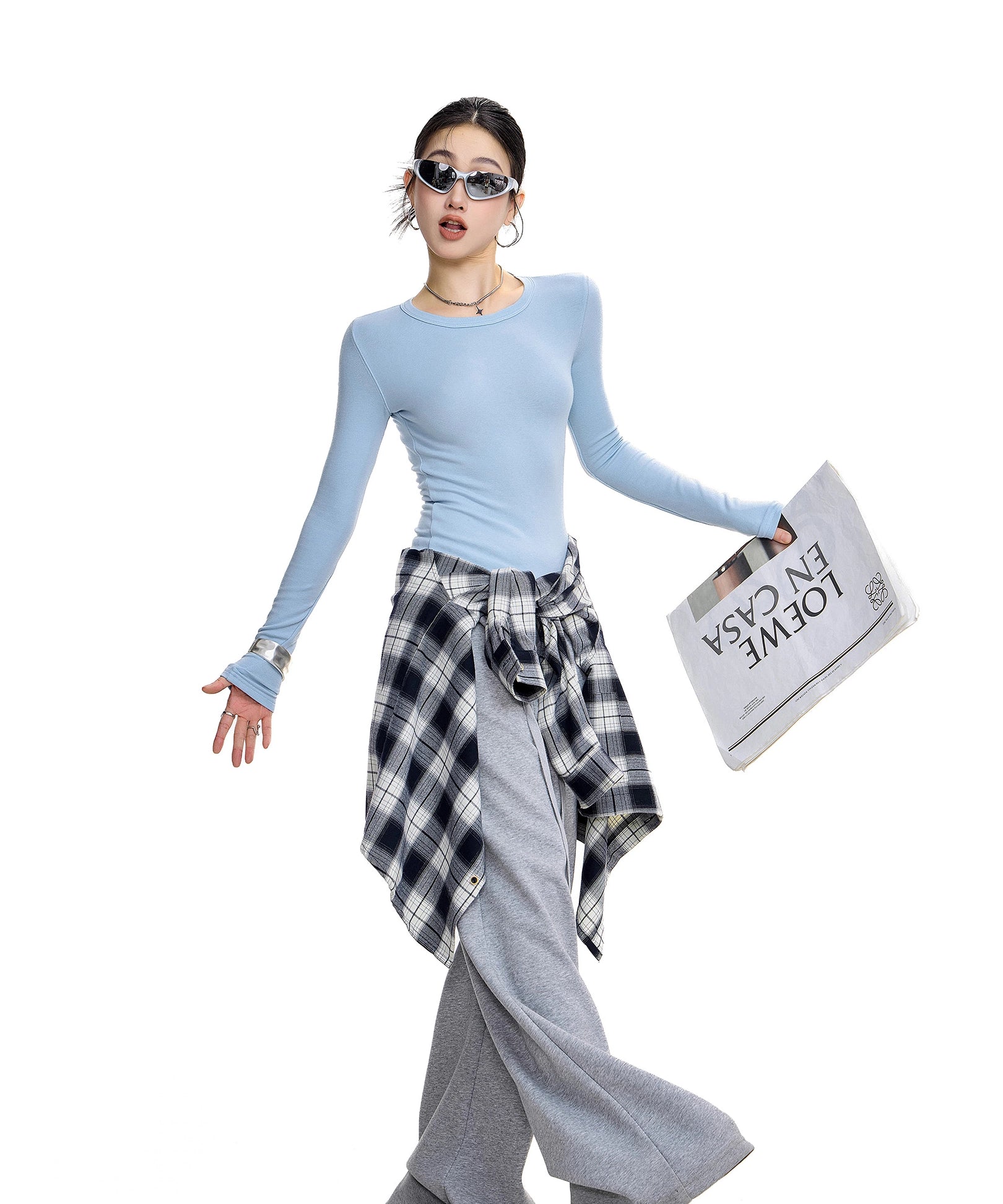 ICH MODE 美式复古正肩长袖T恤女秋冬修身内搭打底衫一字肩上衣